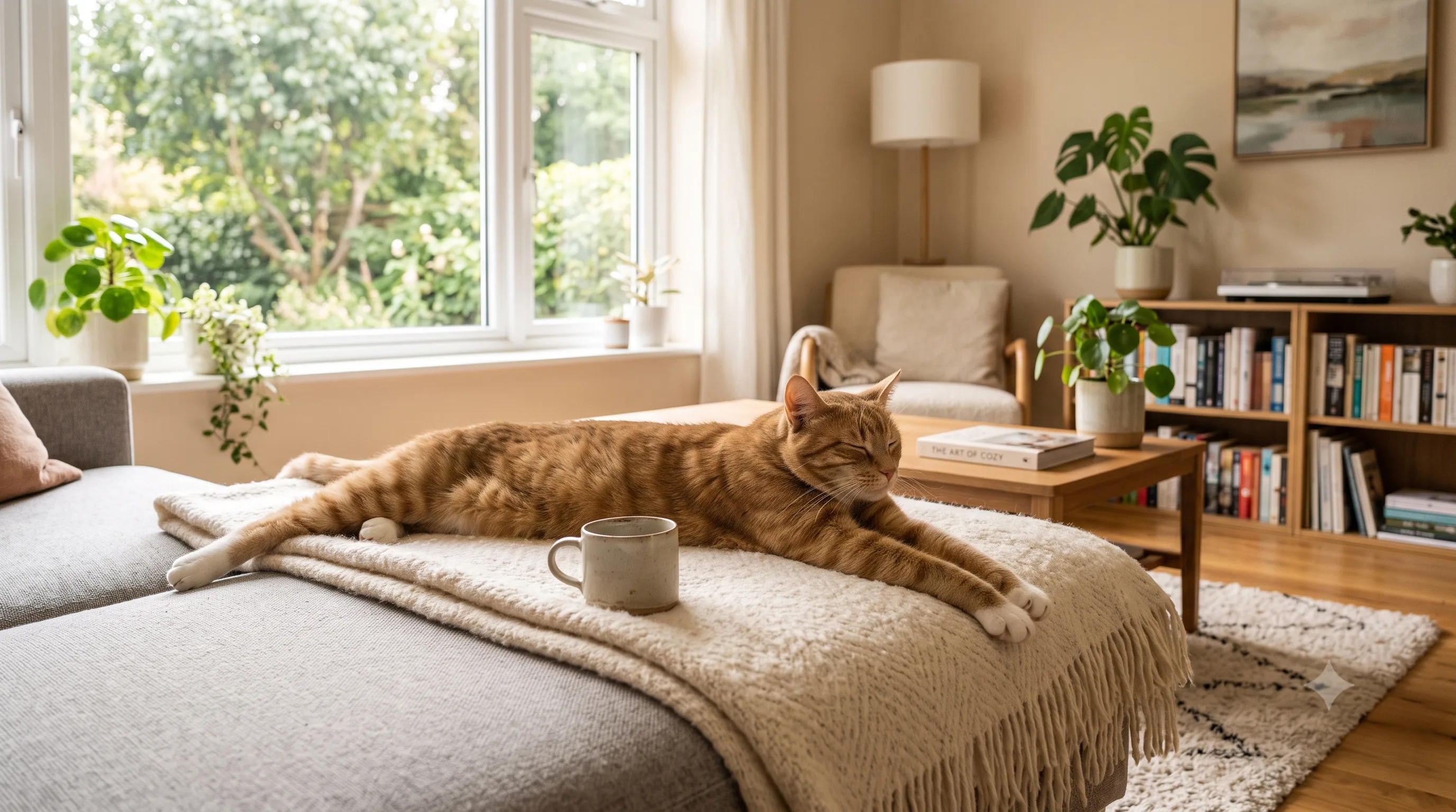 Happy healthy cat relaxing comfortably in a sunny home.