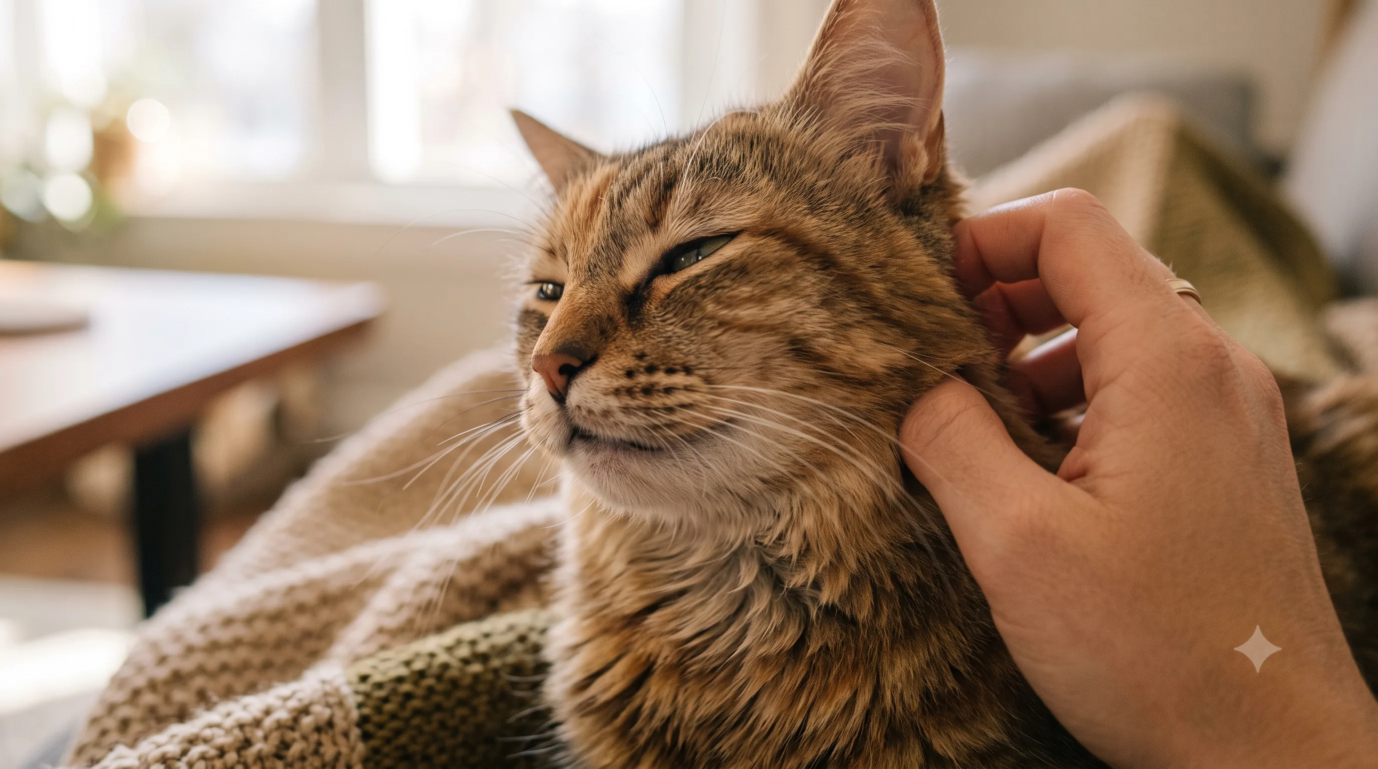Relaxed cat purring while enjoying gentle affection from its owner.