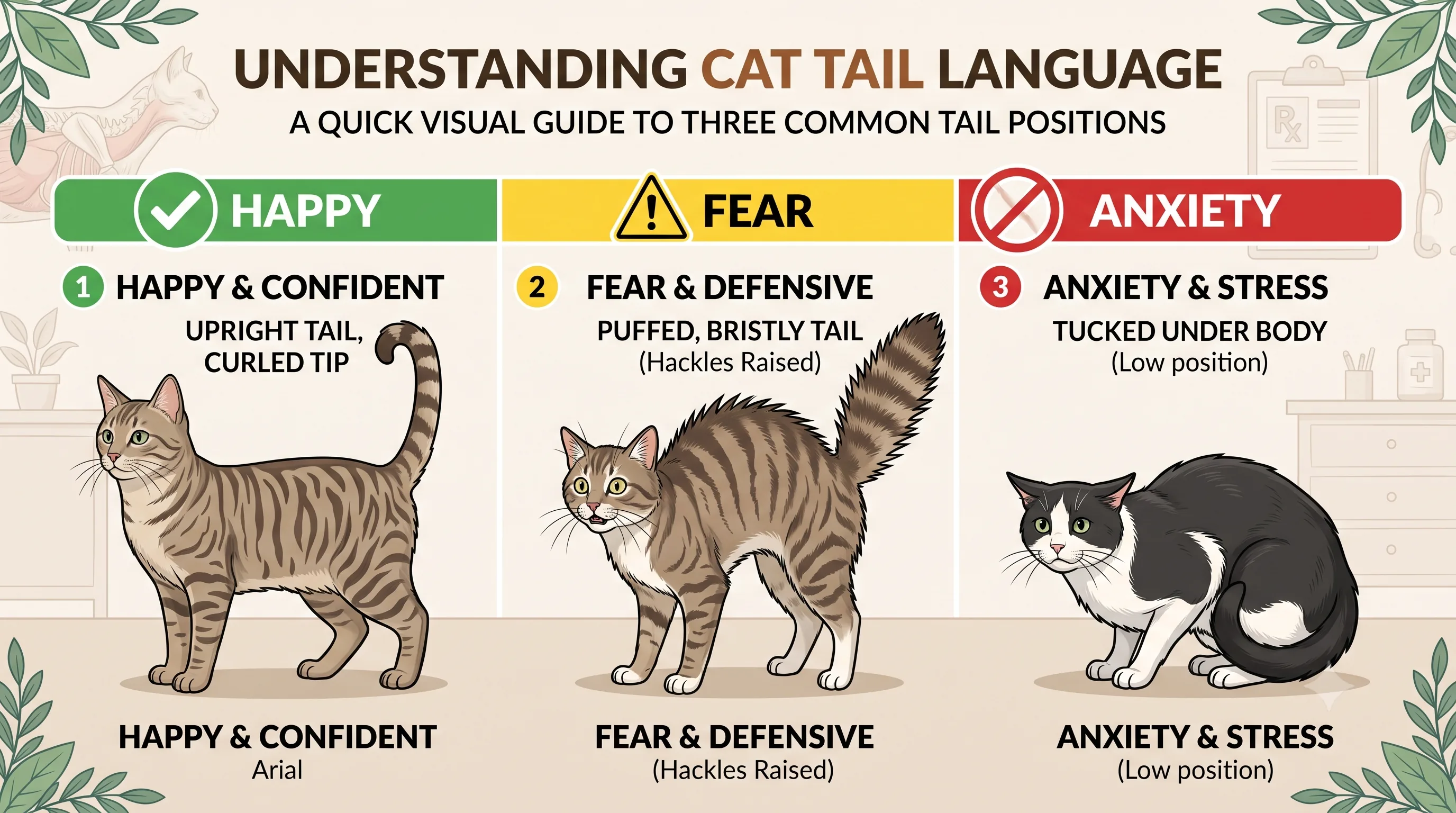 Cat tail positions explaining happy, fearful, and anxious body language.