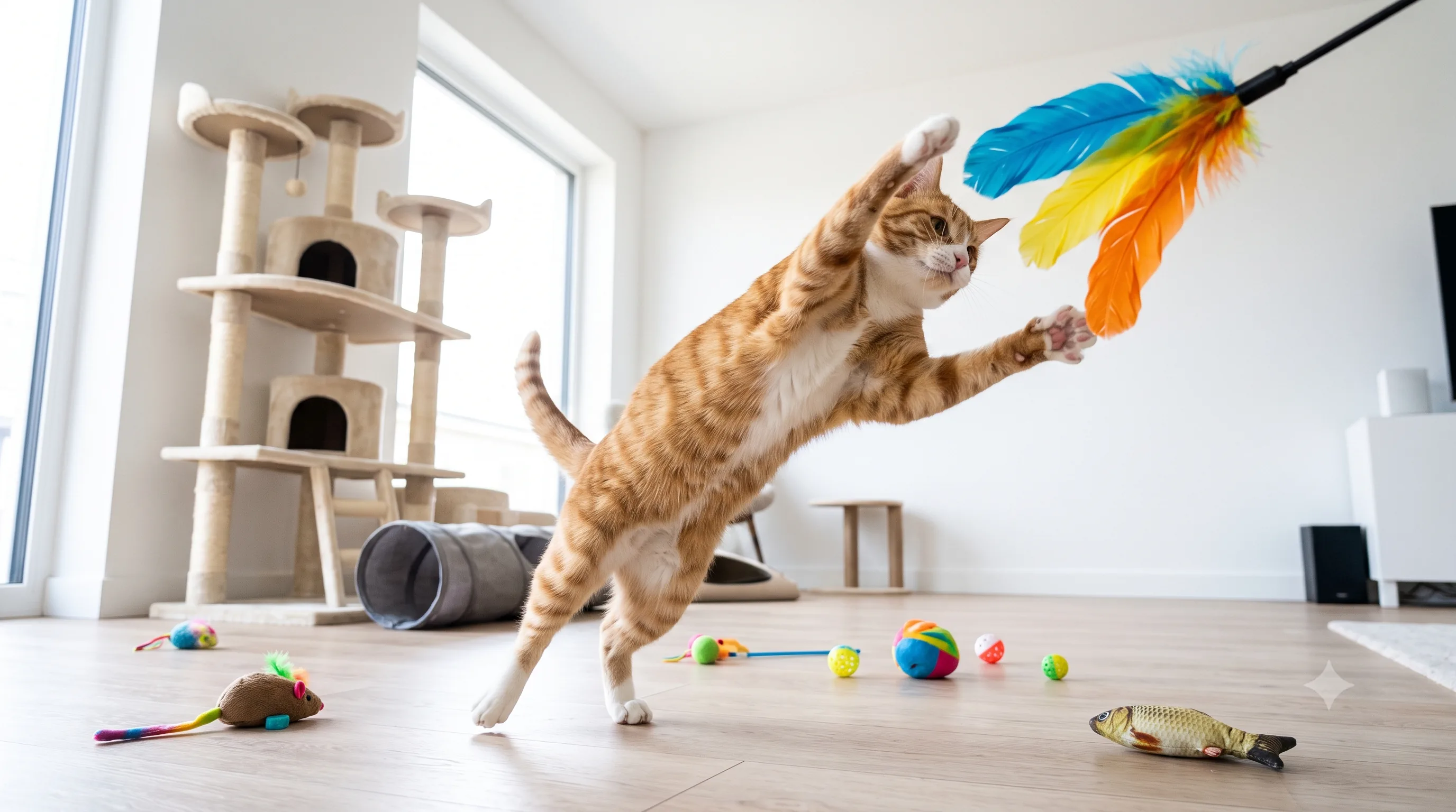 Playful indoor cat chasing a feather toy for exercise and enrichment.