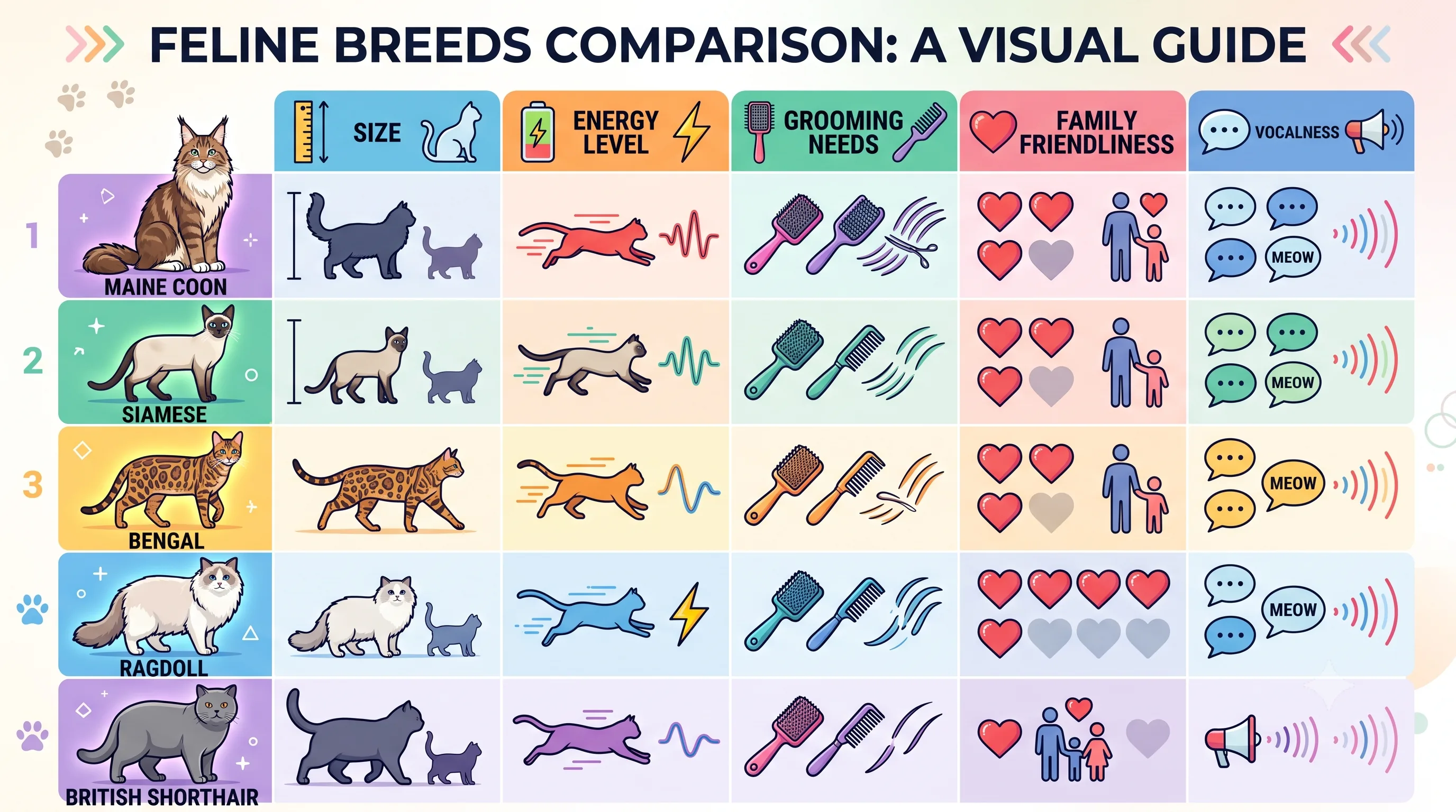 Comparison infographic of five popular cat breeds