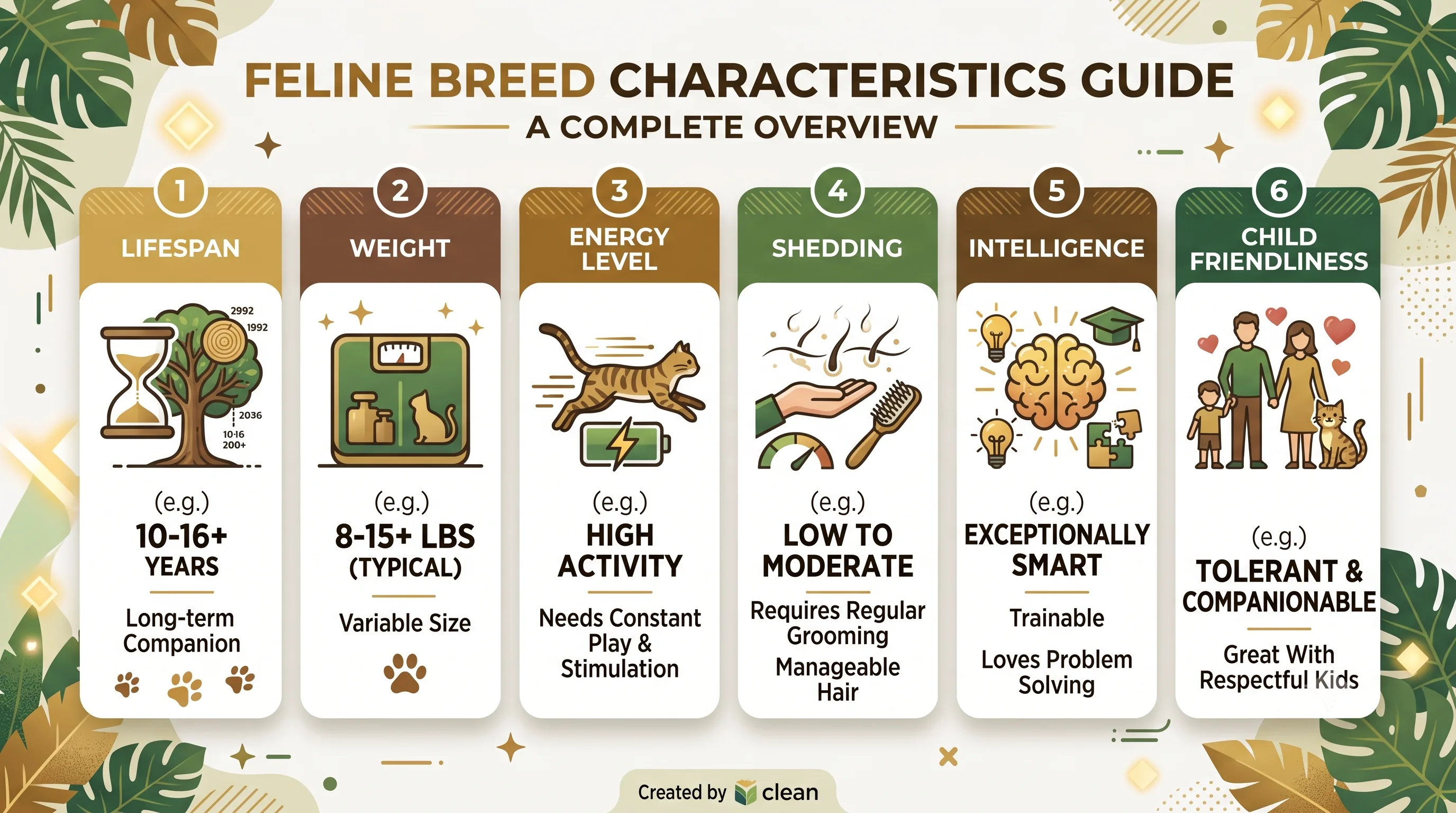Bengal cat breed overview infographic showing lifespan, size, weight, and personality