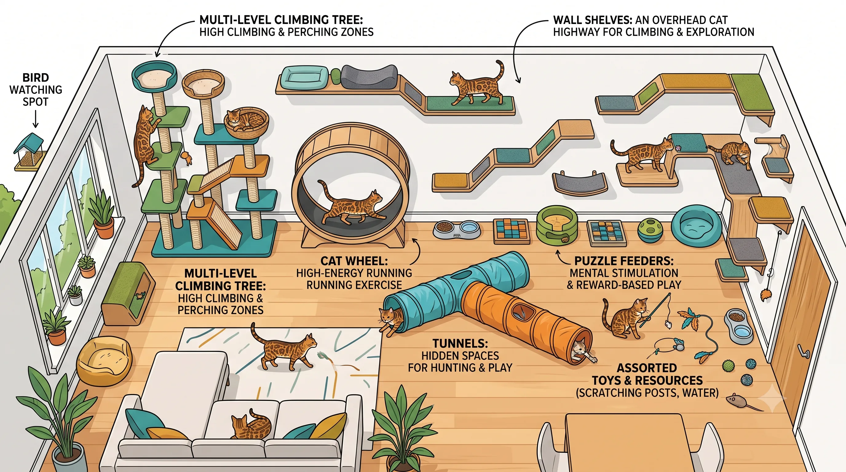 Ideal indoor enrichment setup for an active Bengal cat