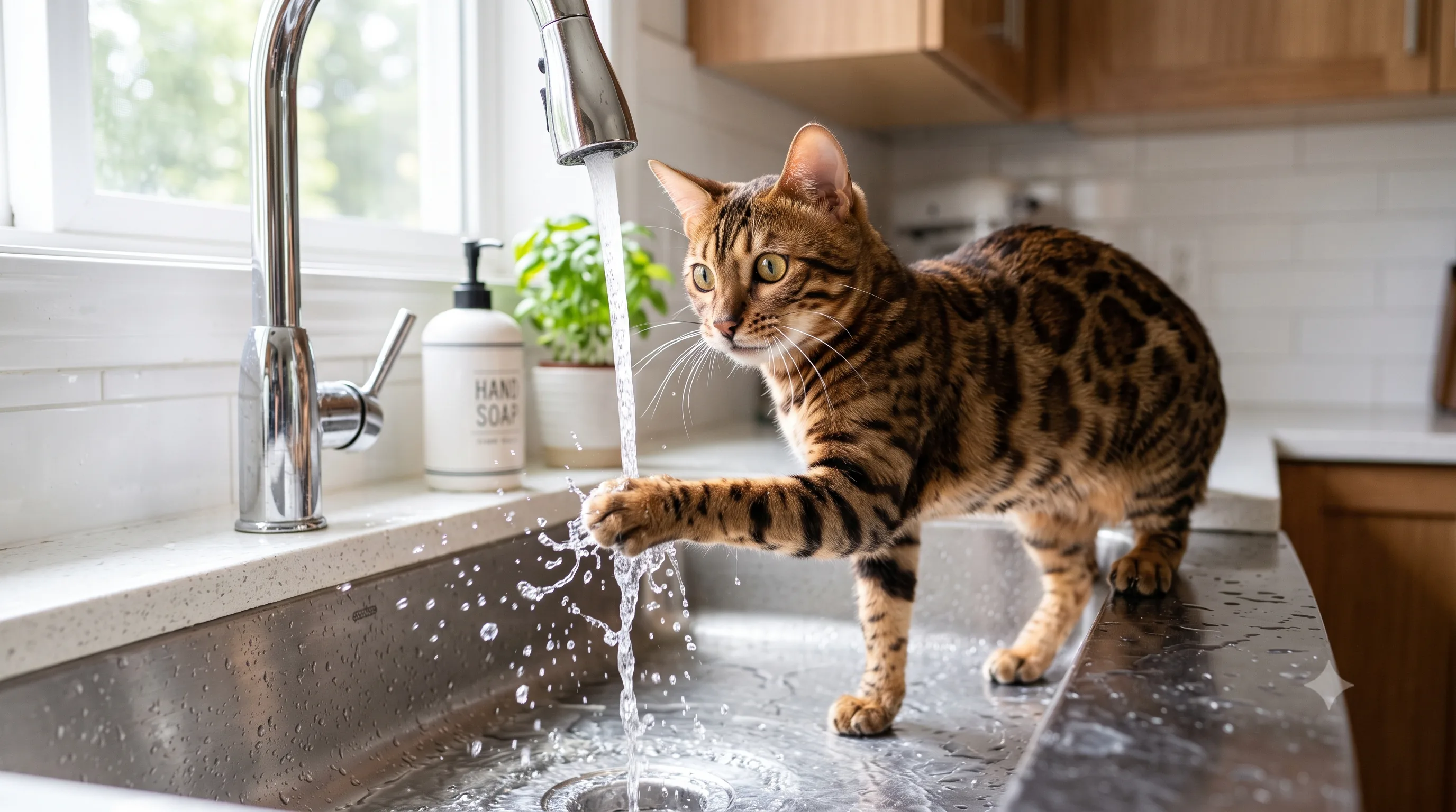 Bengal cat playing with water in a bathroom sink