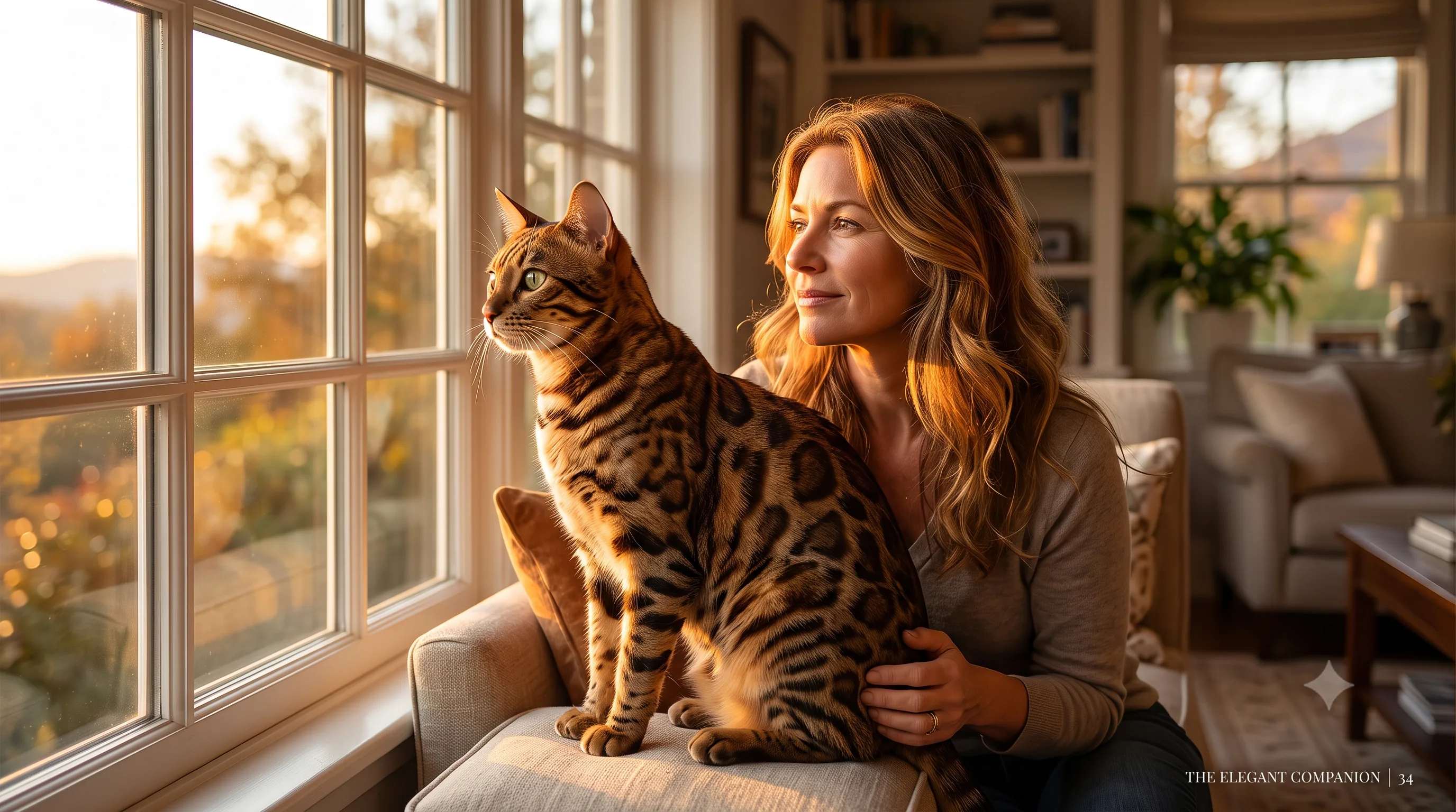 Bengal cat sitting beside its owner at home showing companionship
