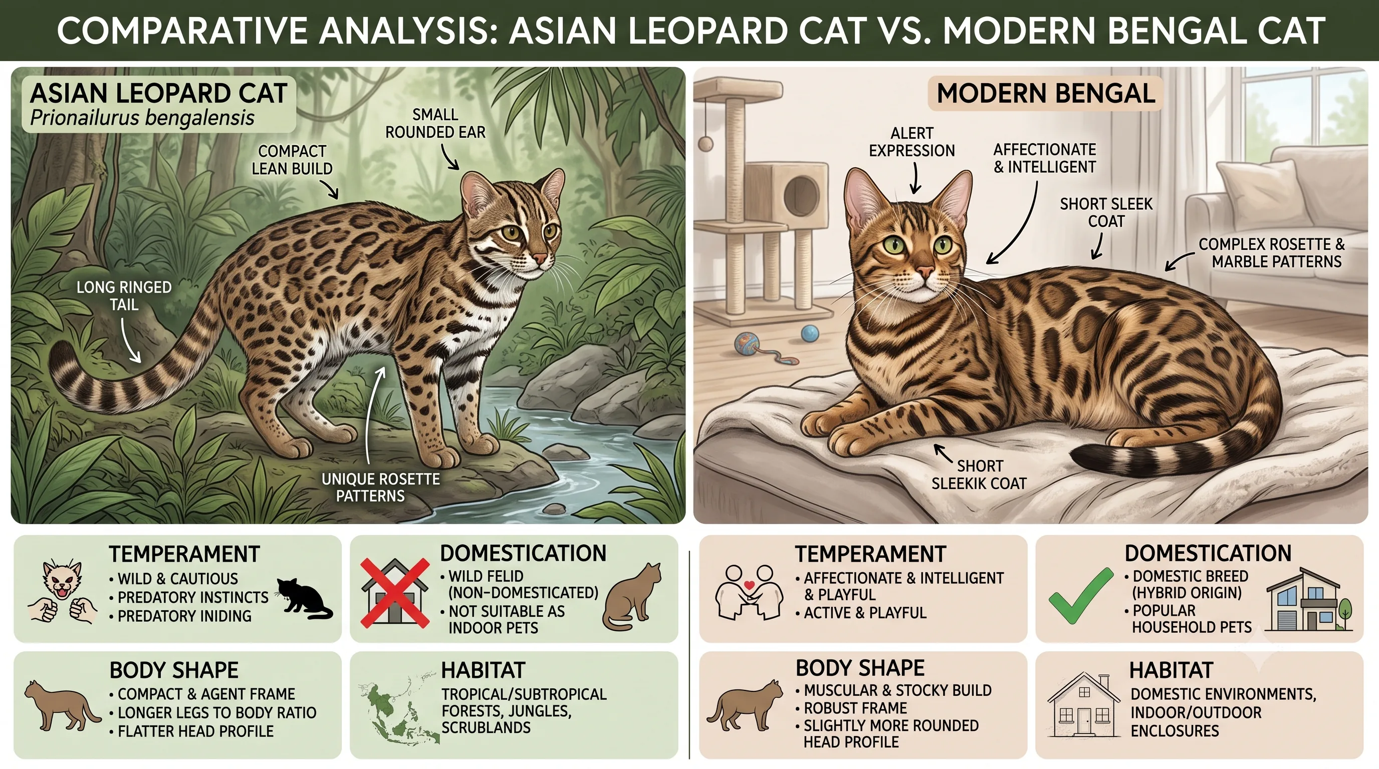 Comparison between Asian Leopard Cat and modern Bengal cat