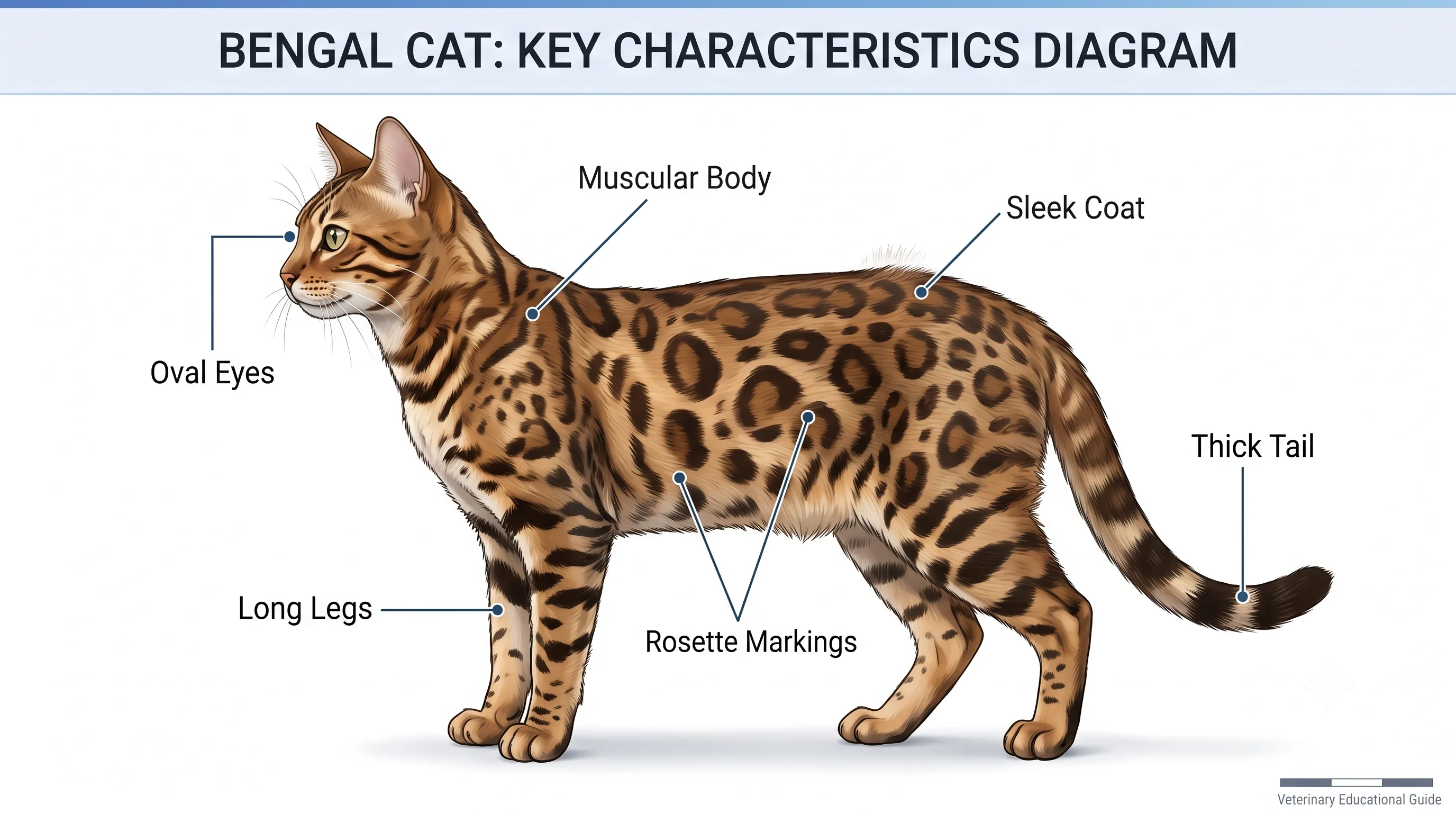 Labeled anatomy diagram of a Bengal cat showing physical characteristics