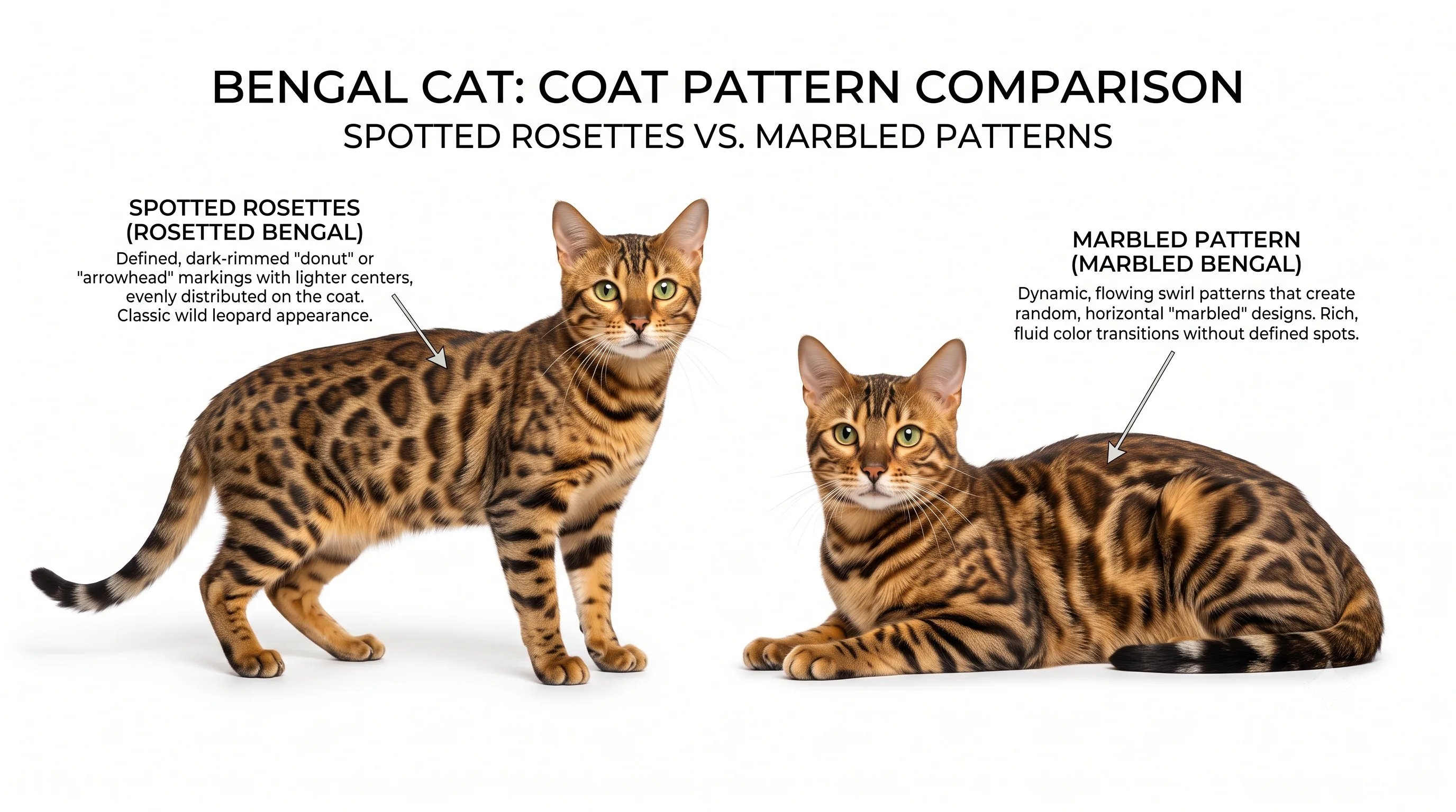 Comparison of spotted and marbled Bengal cat coat patterns