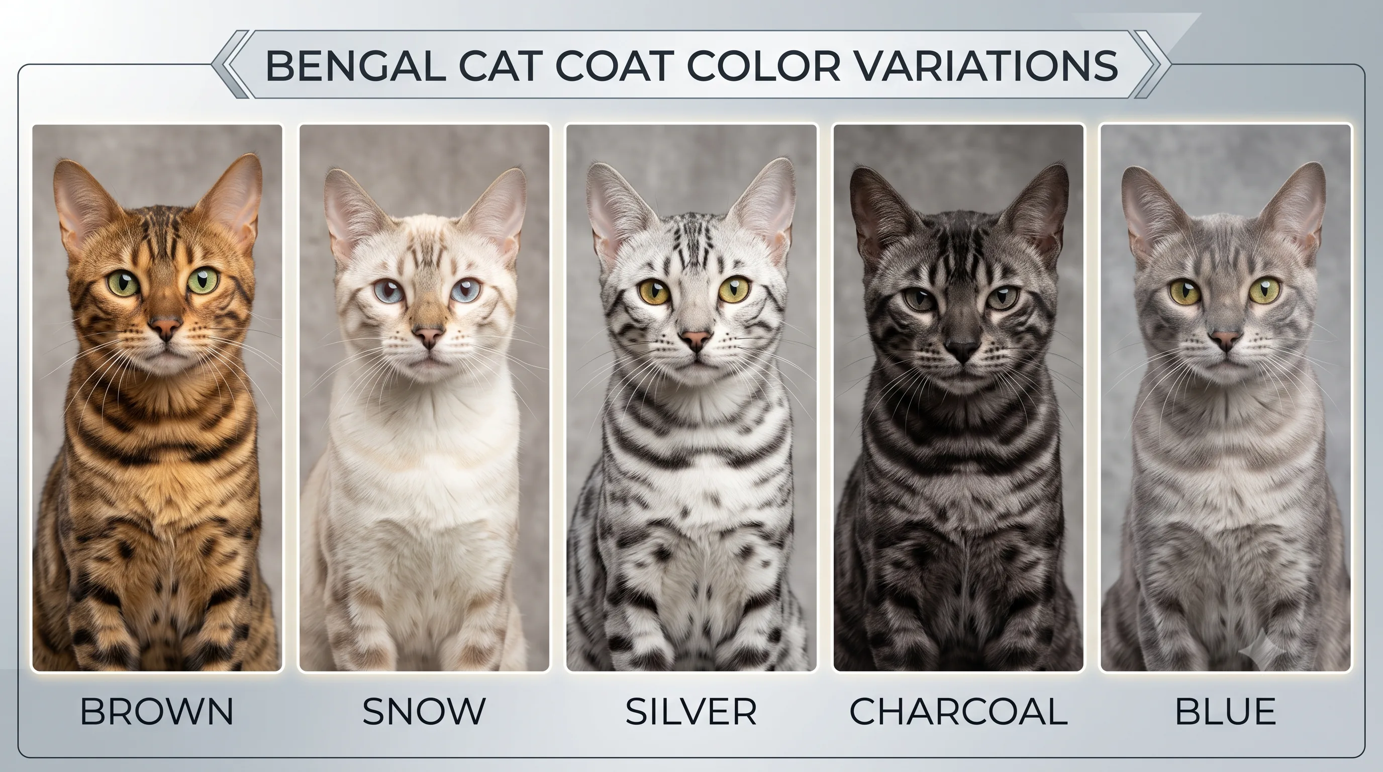 Different Bengal cat coat colors including brown, snow, silver, charcoal, and blue