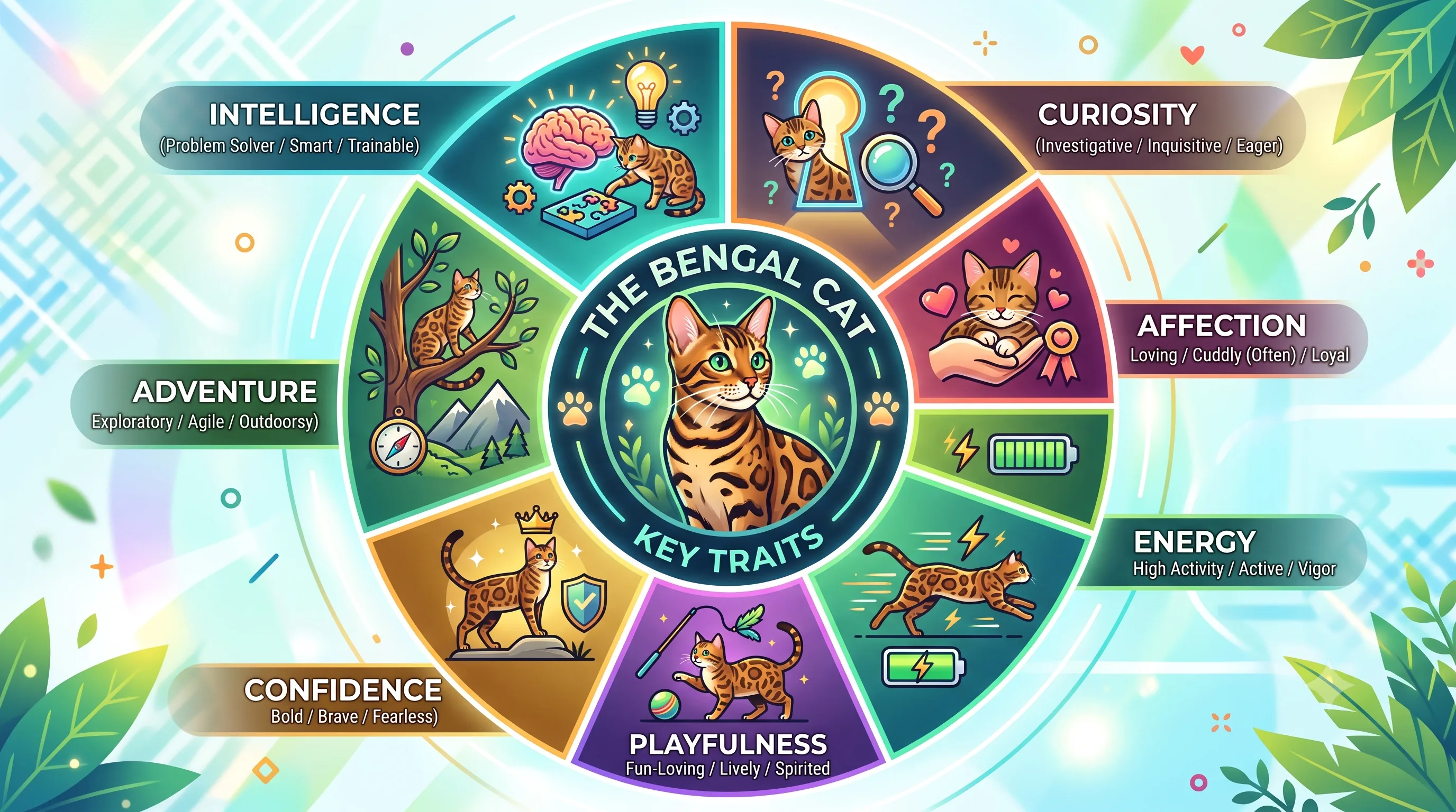 Bengal cat personality traits infographic with icons