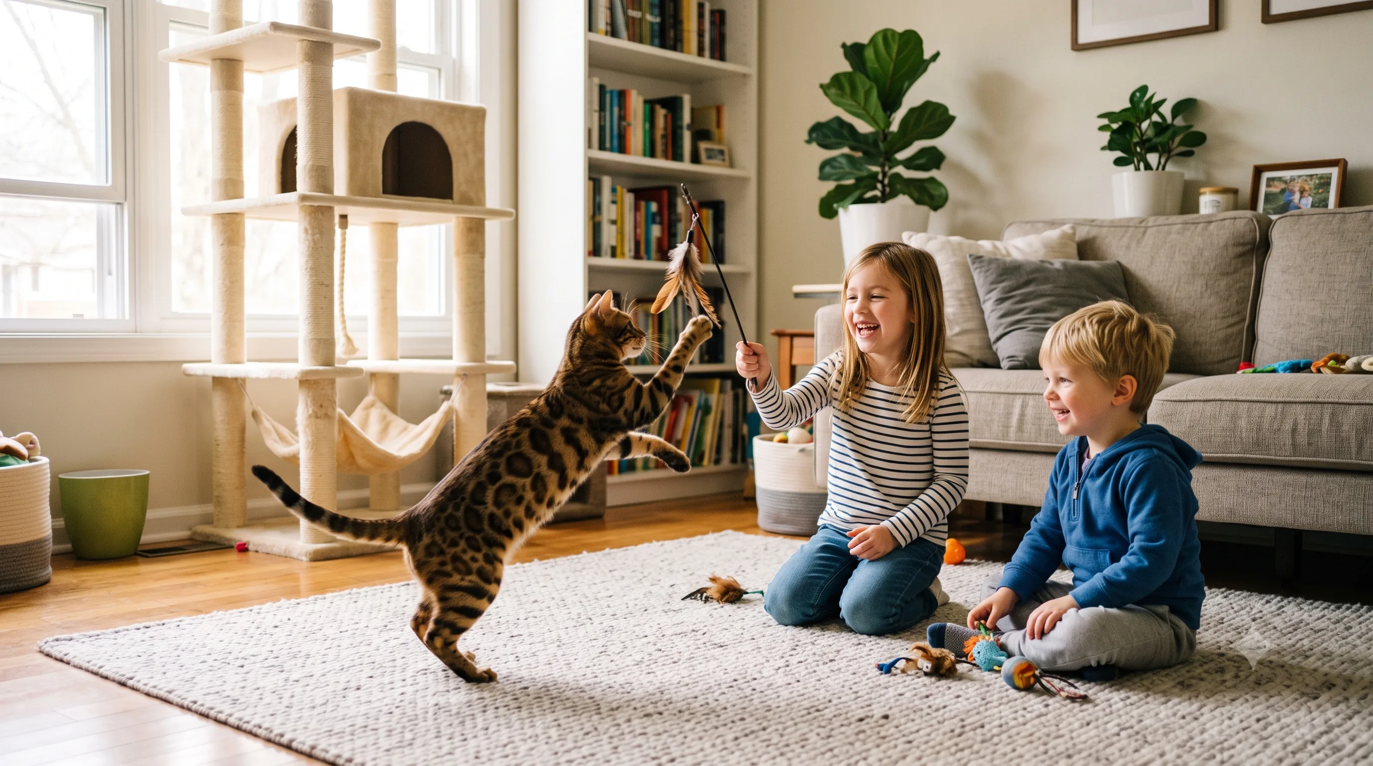 Bengal cat playing with children in a family home