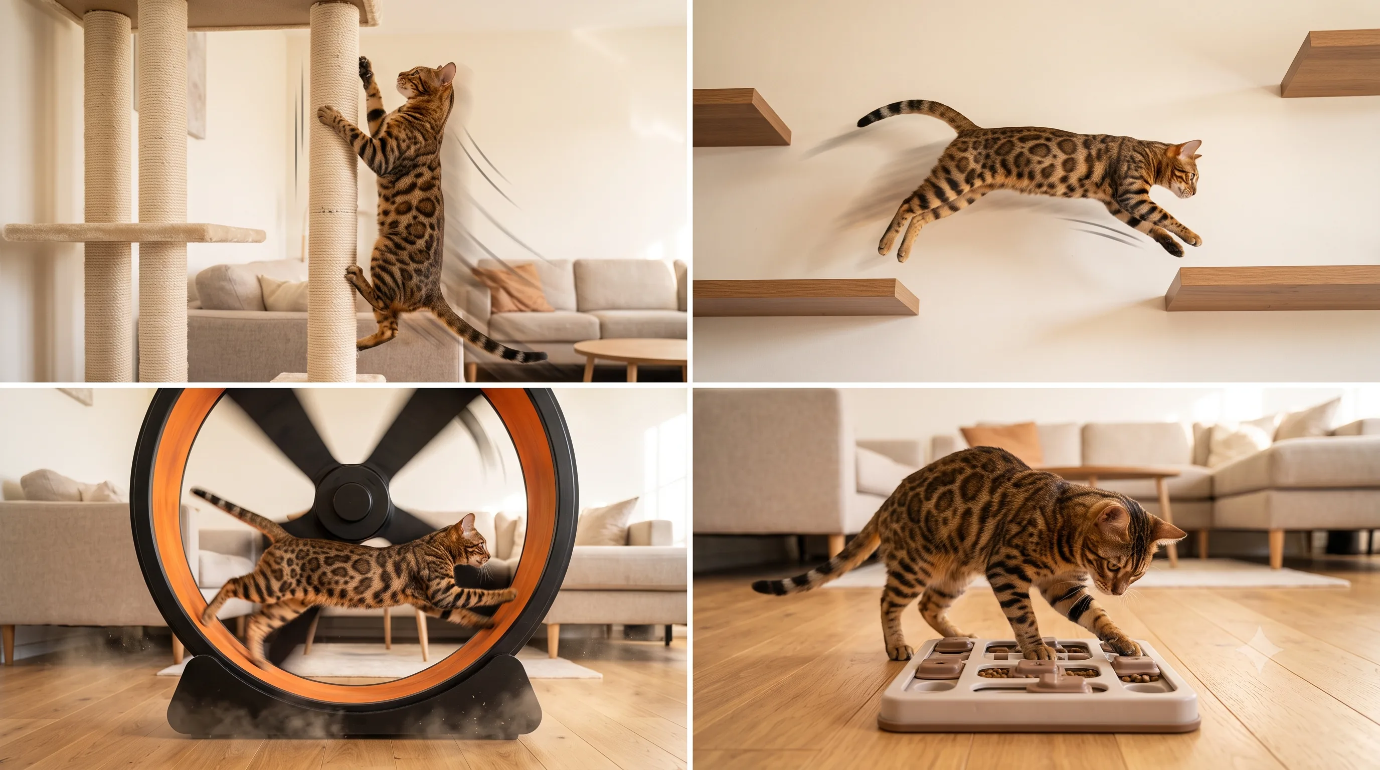 Active Bengal cat climbing, jumping, and playing with enrichment toys