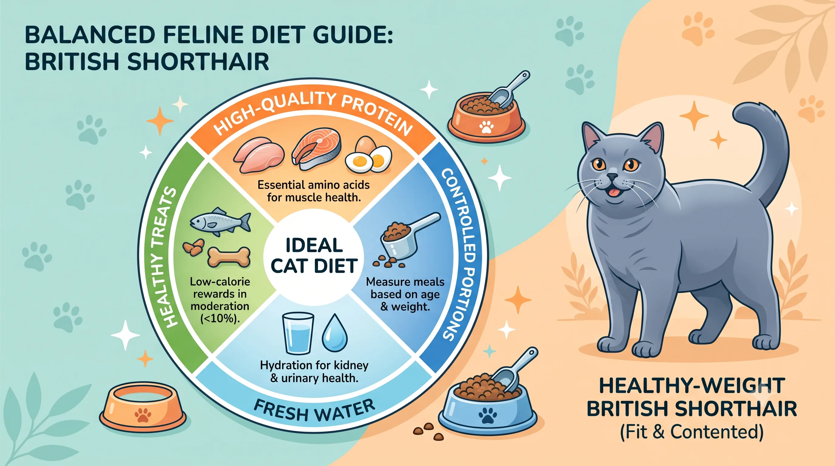 Healthy diet guide for British Shorthair cats showing protein, portion control, and hydration