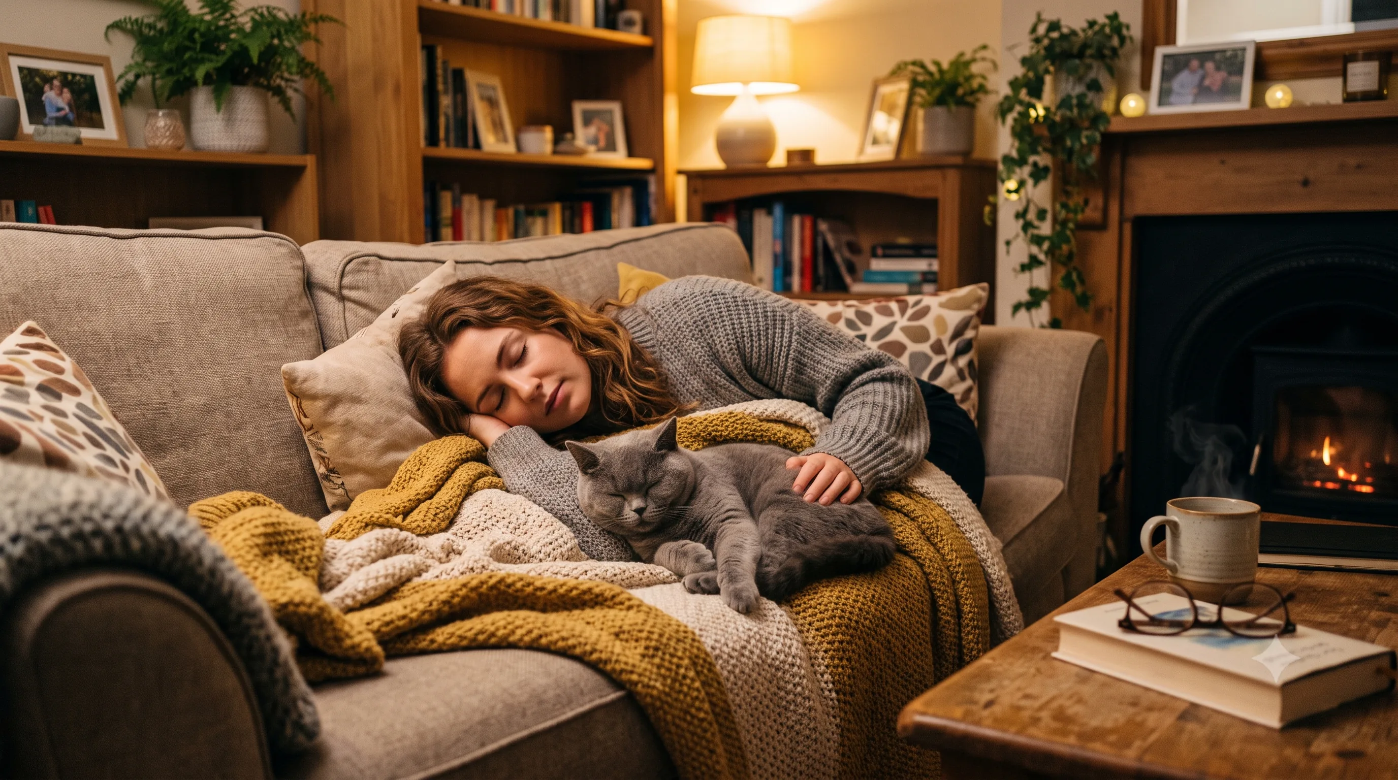 British Shorthair relaxing with its owner in a cozy home environment