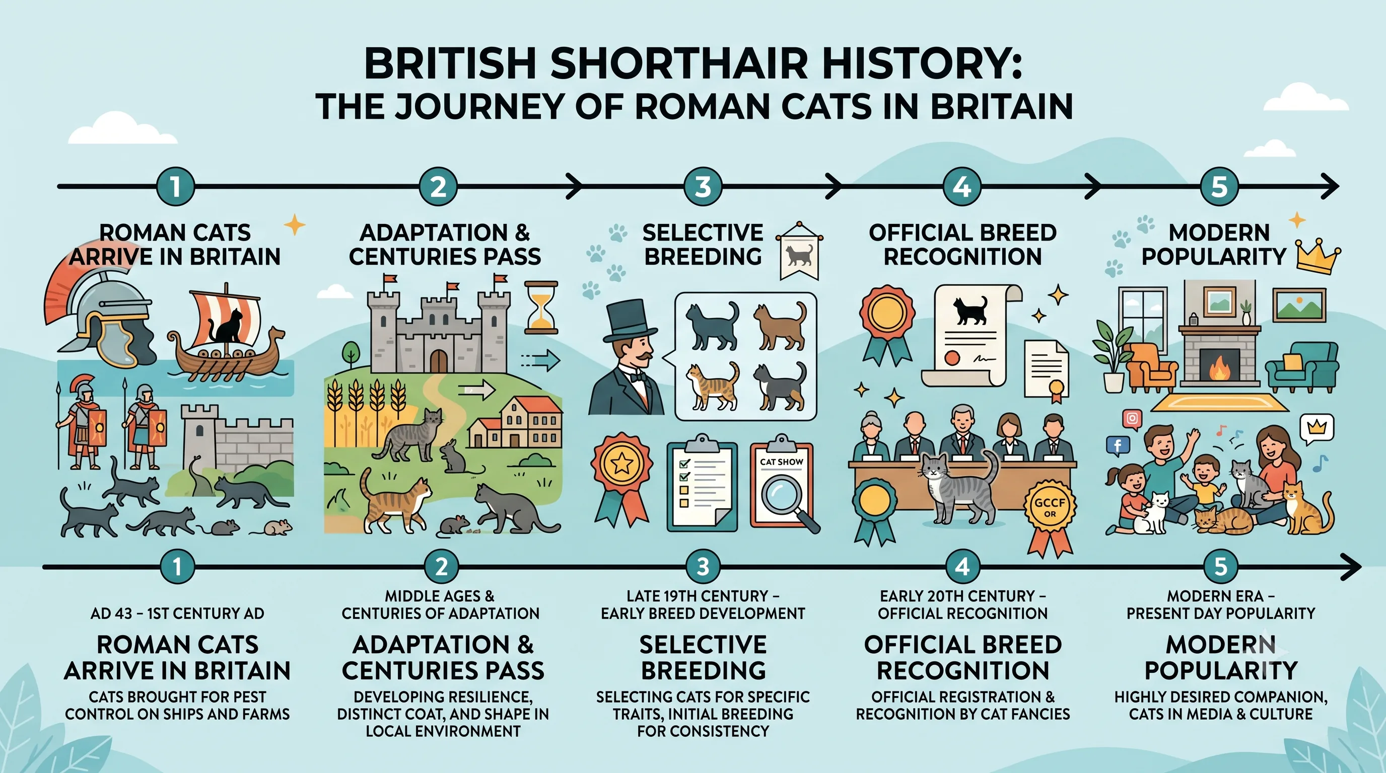 Timeline showing the history and evolution of the British Shorthair cat breed