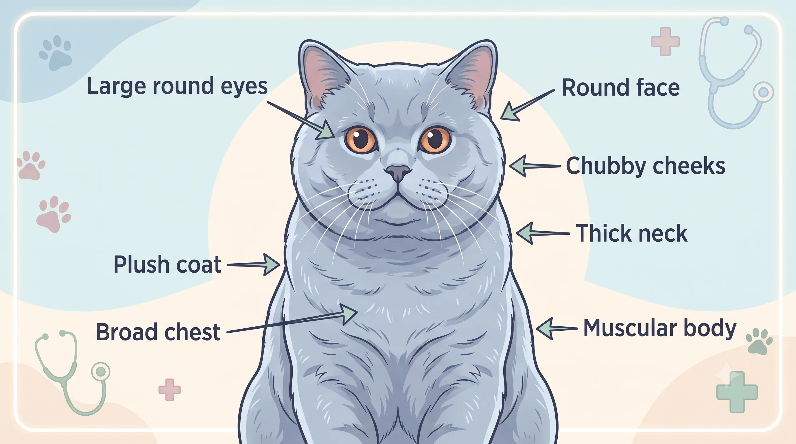 Labeled diagram showing the physical characteristics of a British Shorthair cat