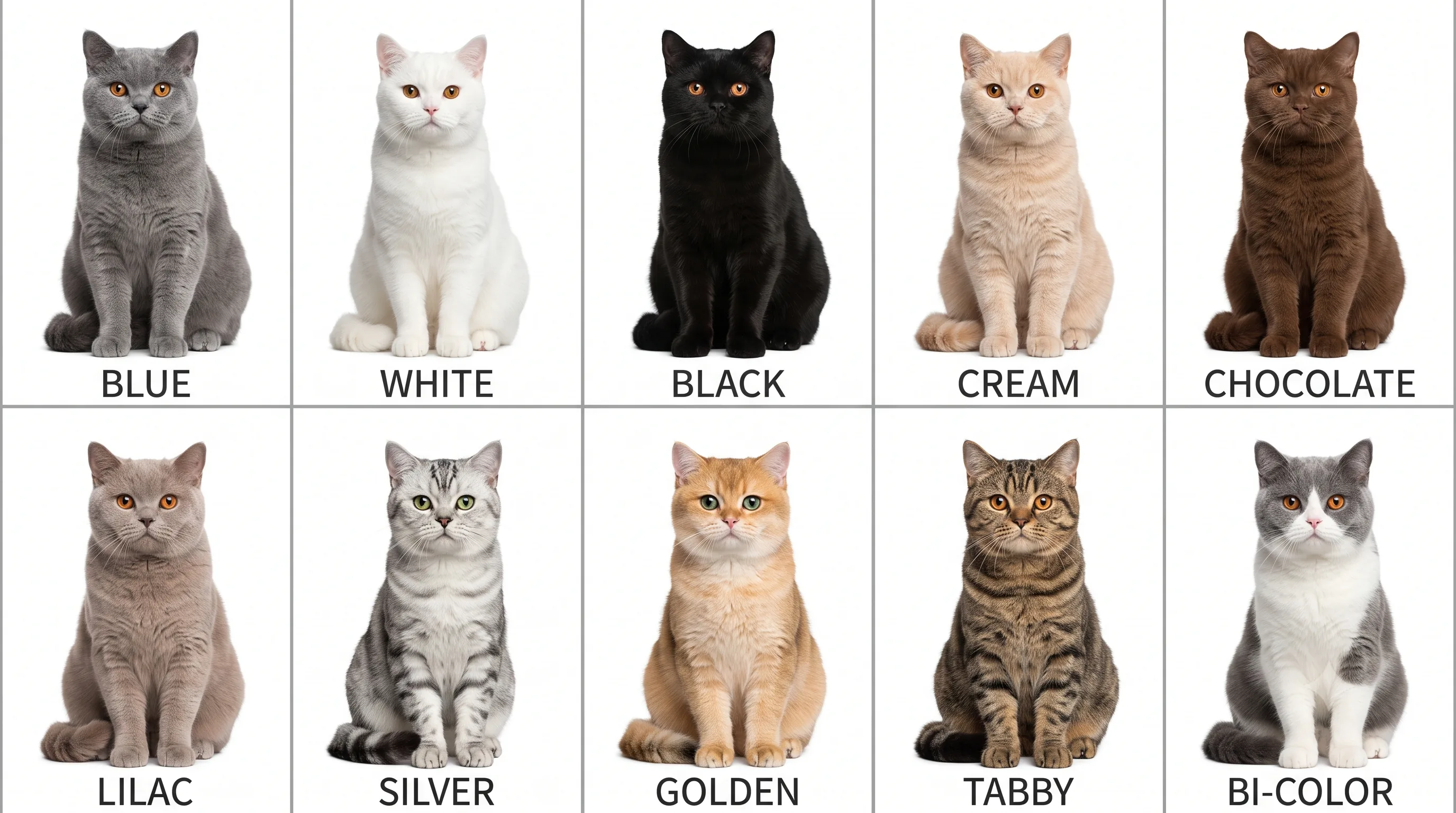British Shorthair coat color comparison including blue, cream, silver, tabby, and golden varieties