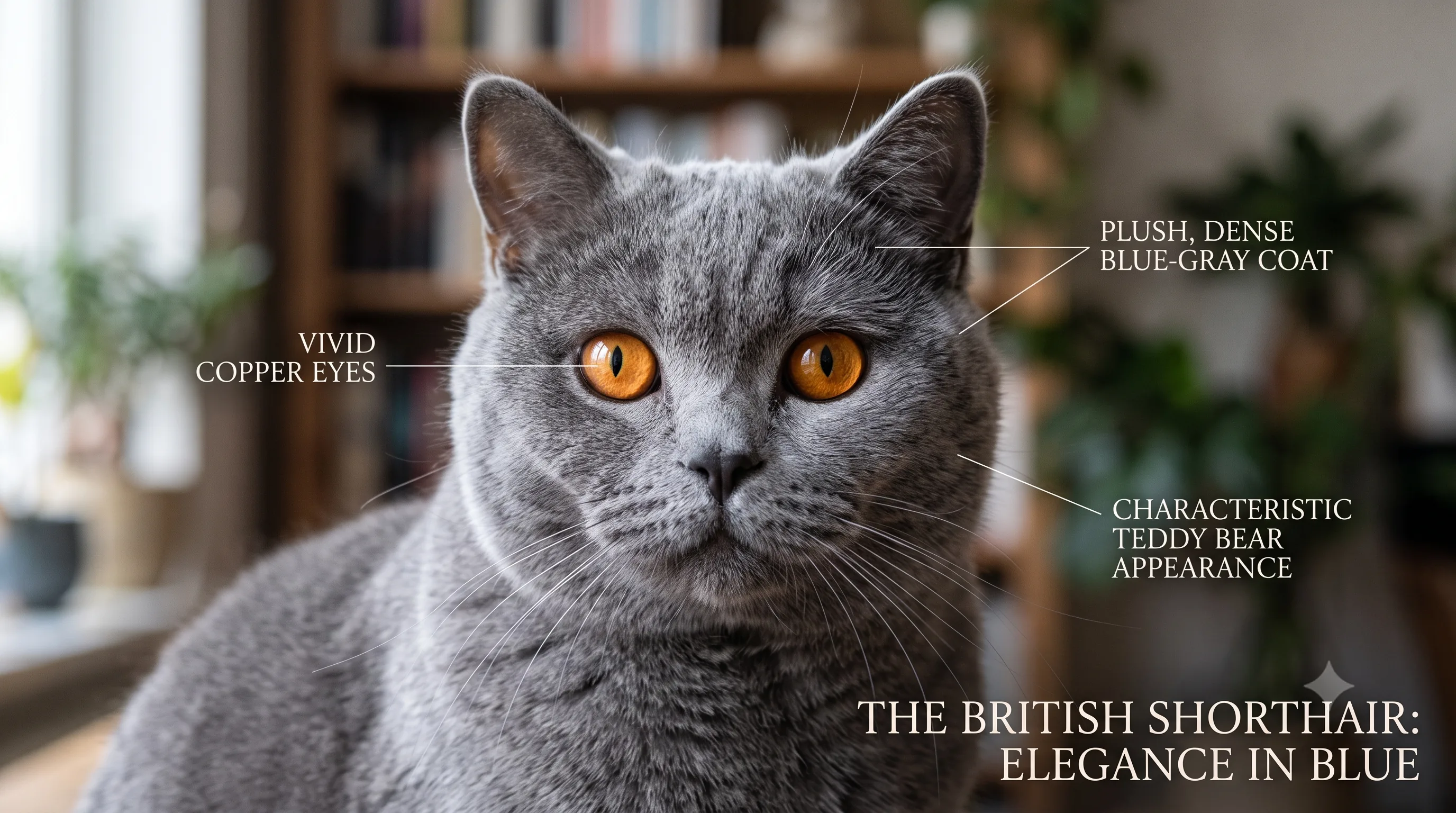 Close-up of a British Blue cat showing plush blue-gray fur and copper eyes