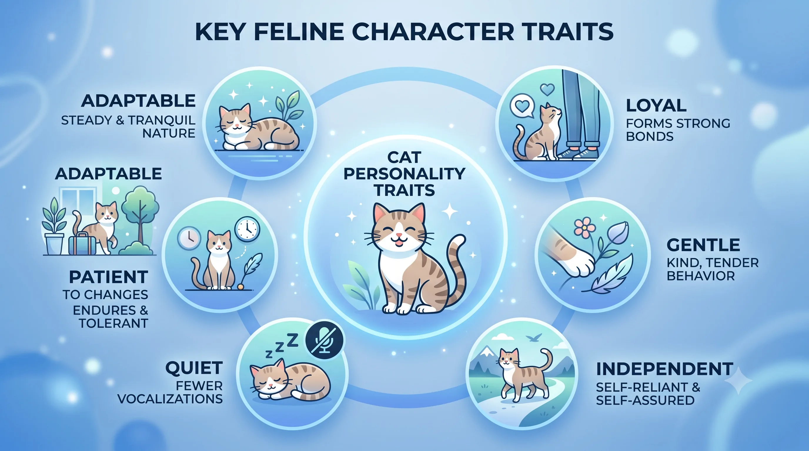 British Shorthair personality infographic highlighting calm, loyal, and independent traits