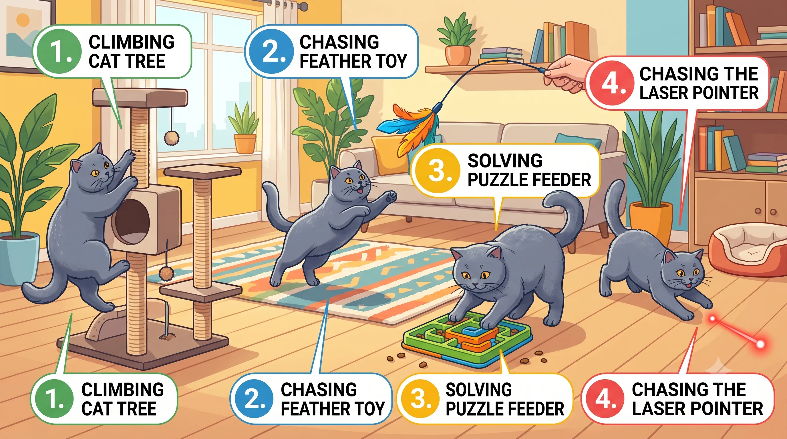British Shorthair enjoying puzzle feeders, climbing tree, and interactive toys