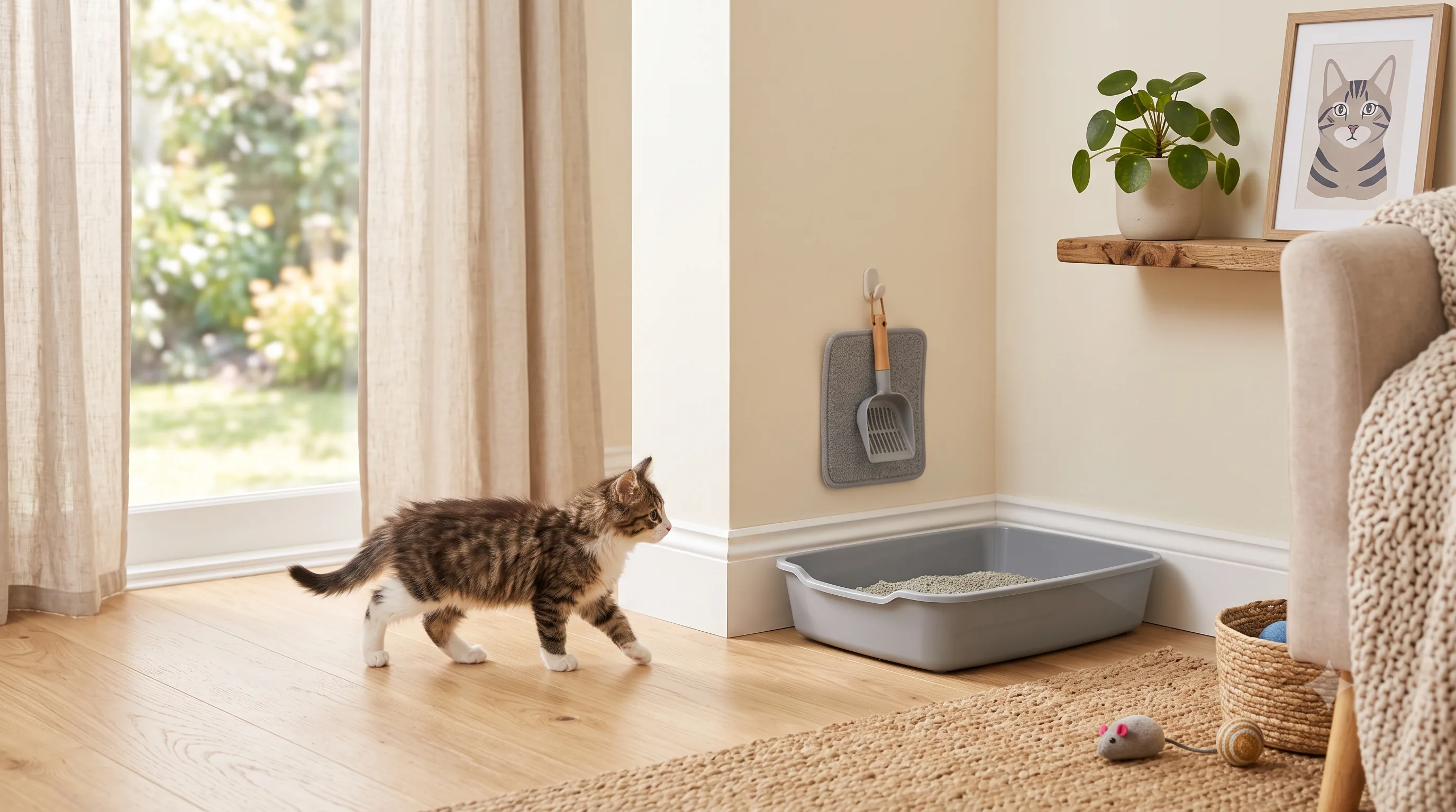 Kitten learning to use a litter box in a quiet home environment.