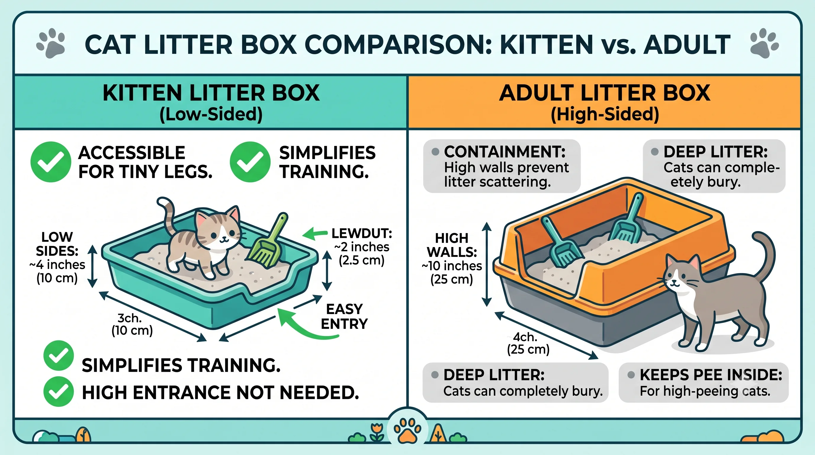Comparison of low-sided and high-sided litter boxes for kittens.