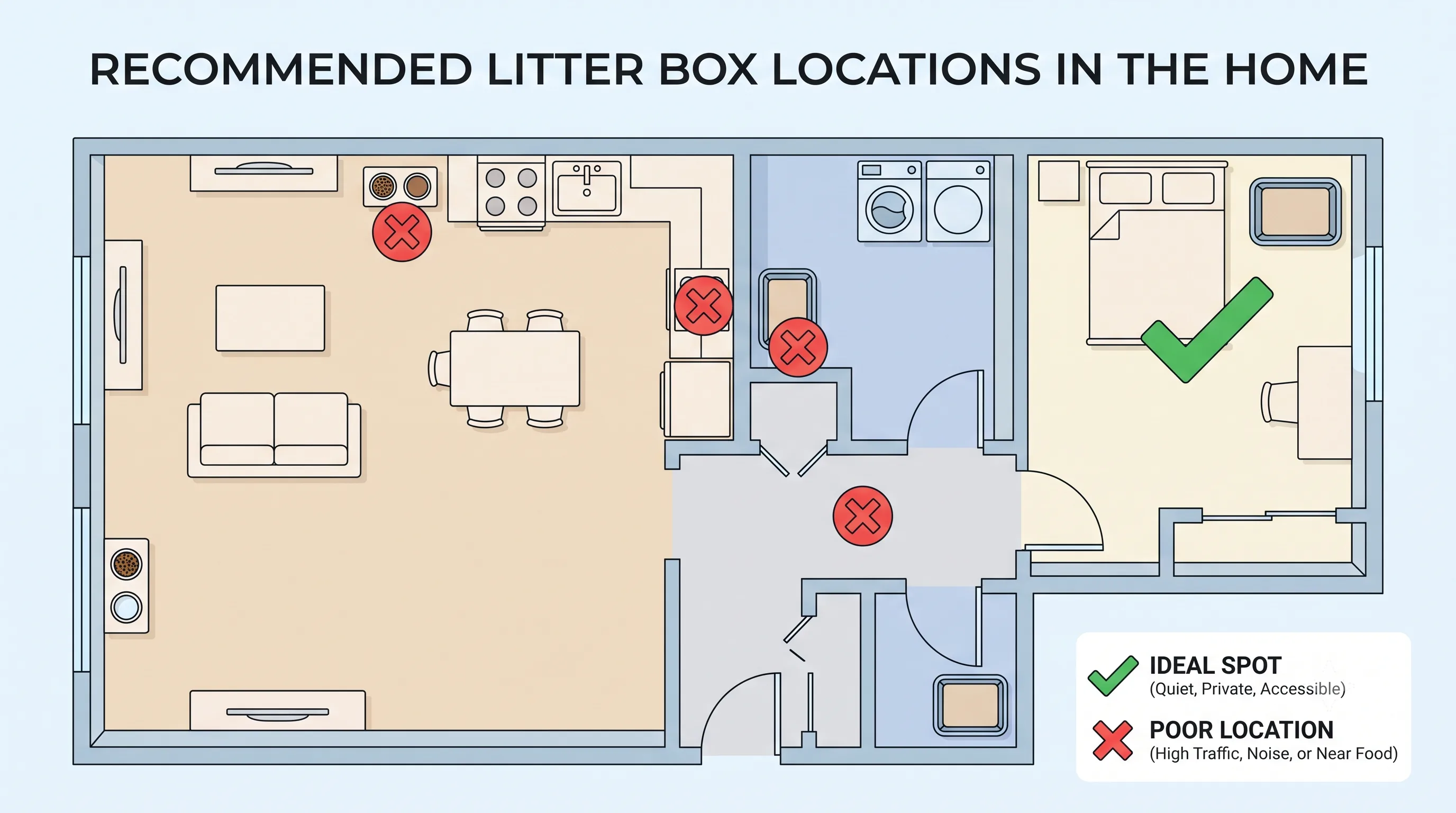 Diagram showing the best location for a kitten litter box in a home.