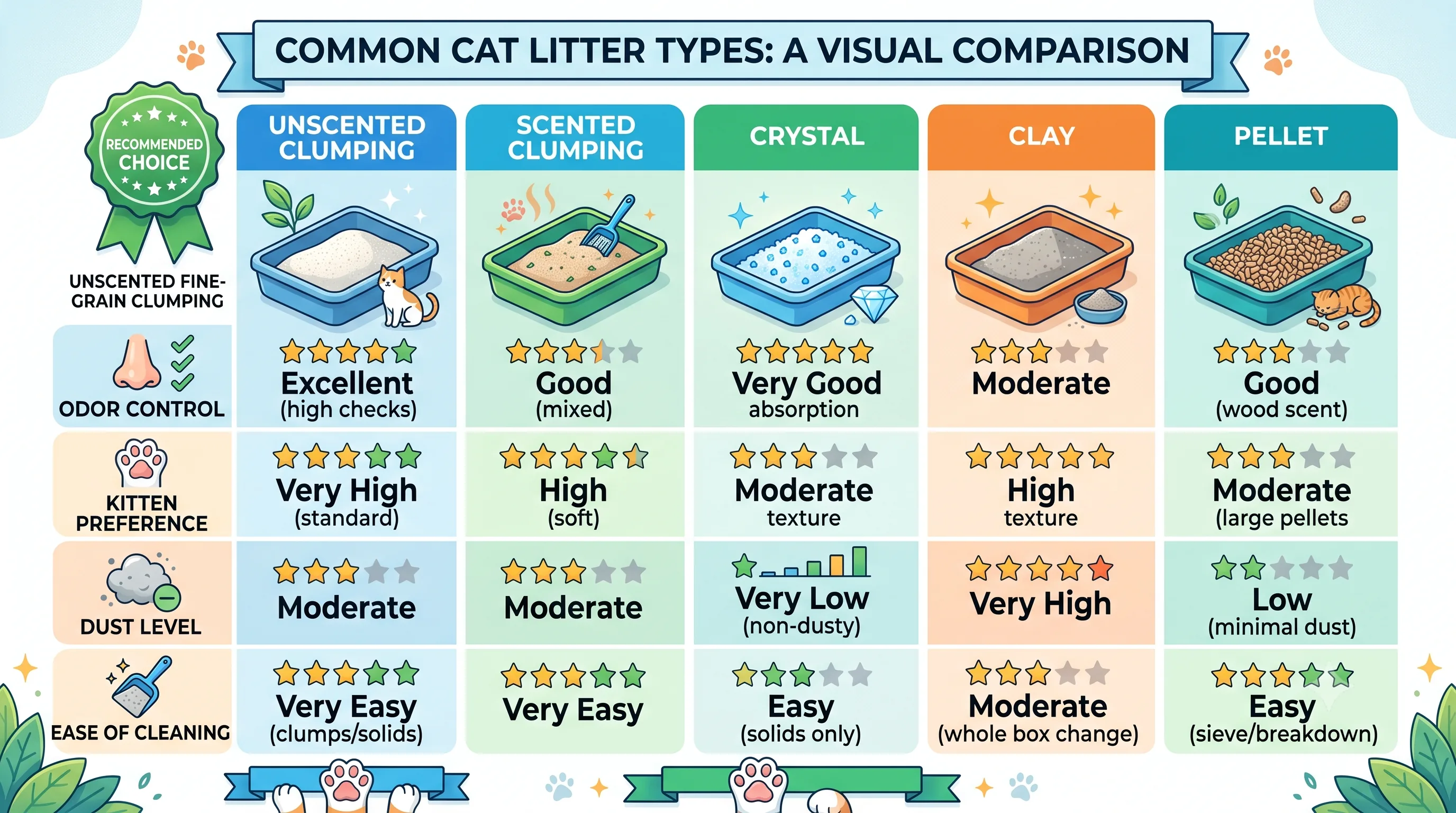 Comparison chart of litter types recommended for kittens.
