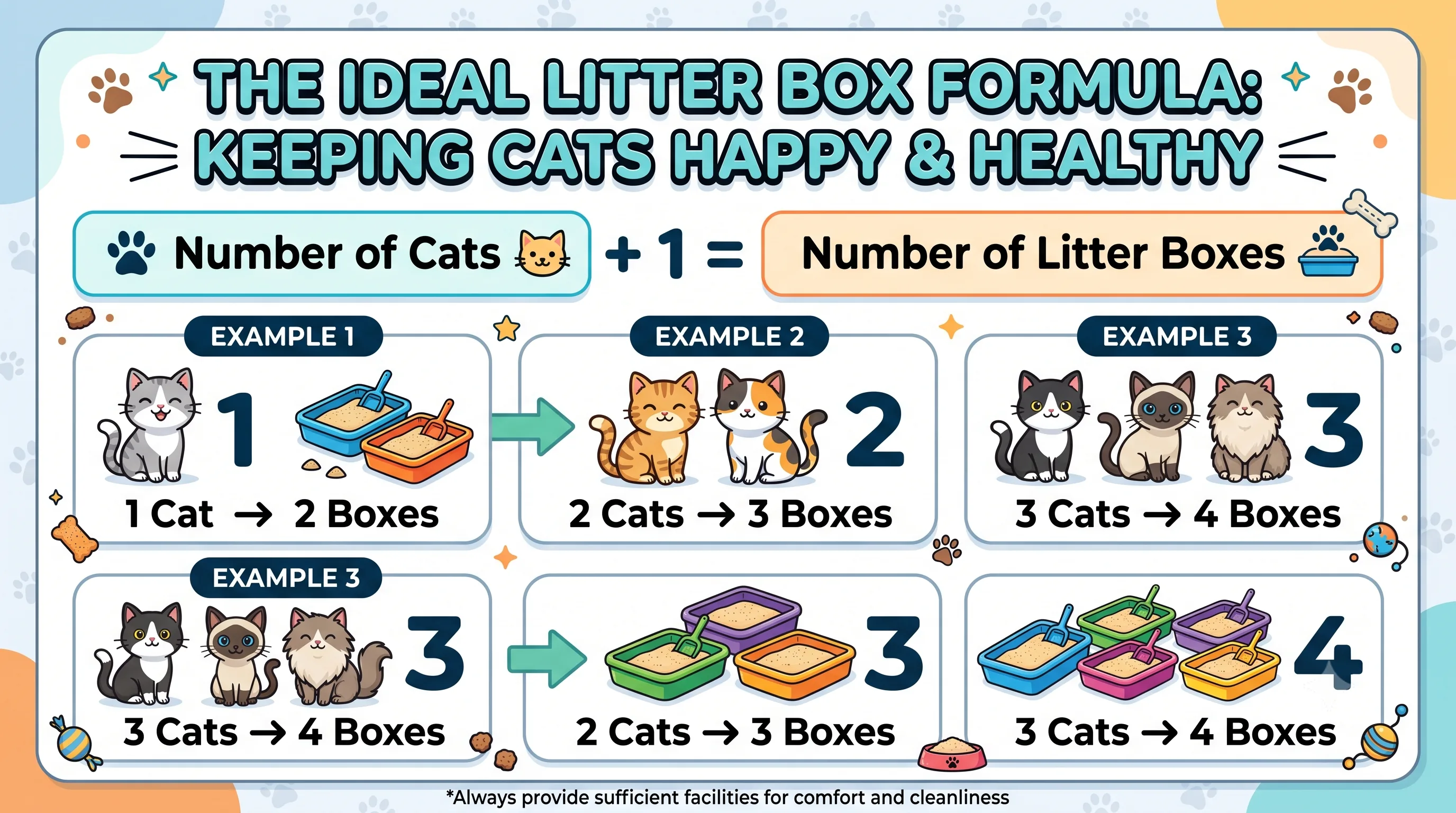 Infographic explaining the one litter box per cat plus one rule.