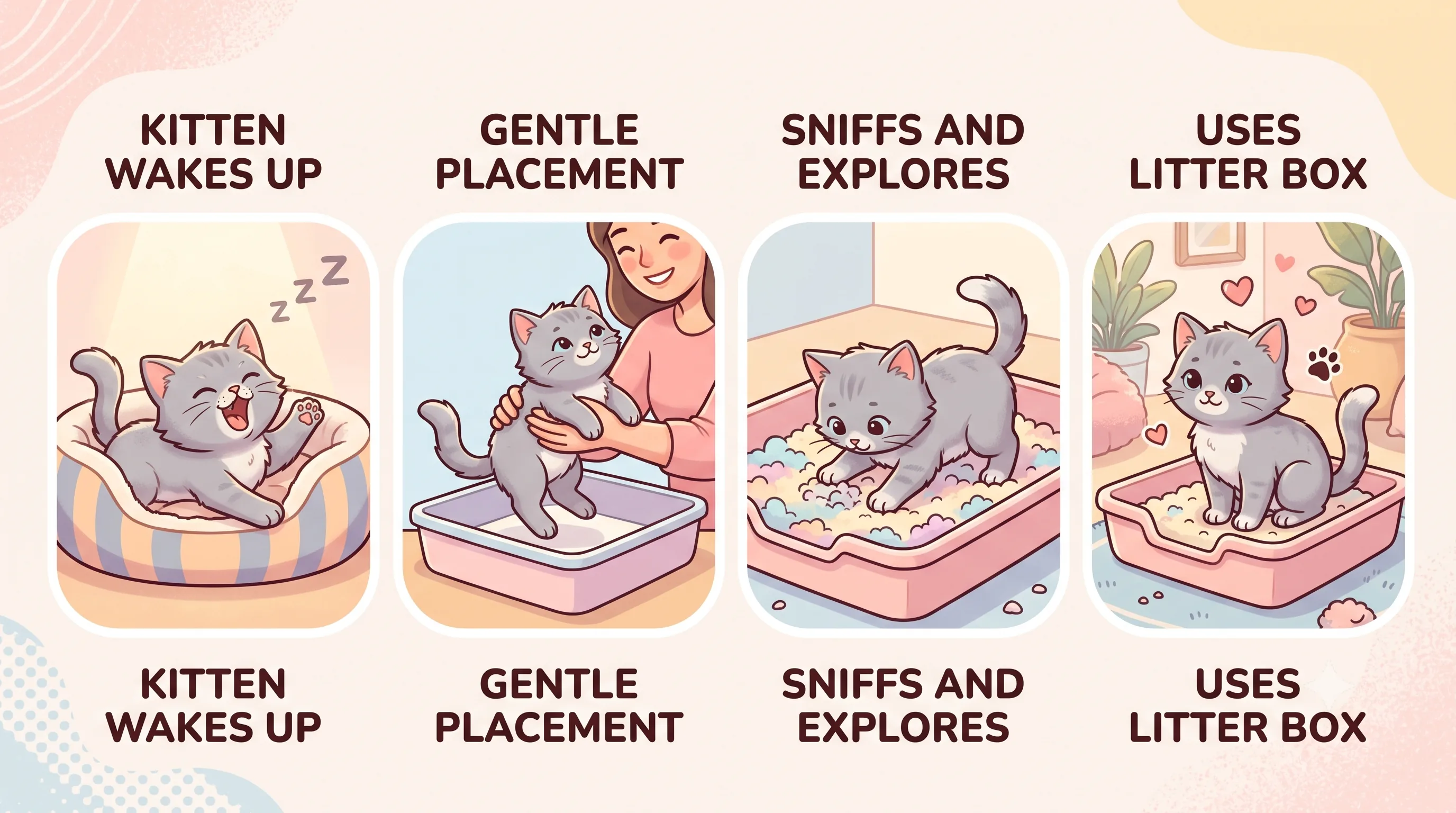 Step-by-step illustration showing how to introduce a kitten to a litter box.