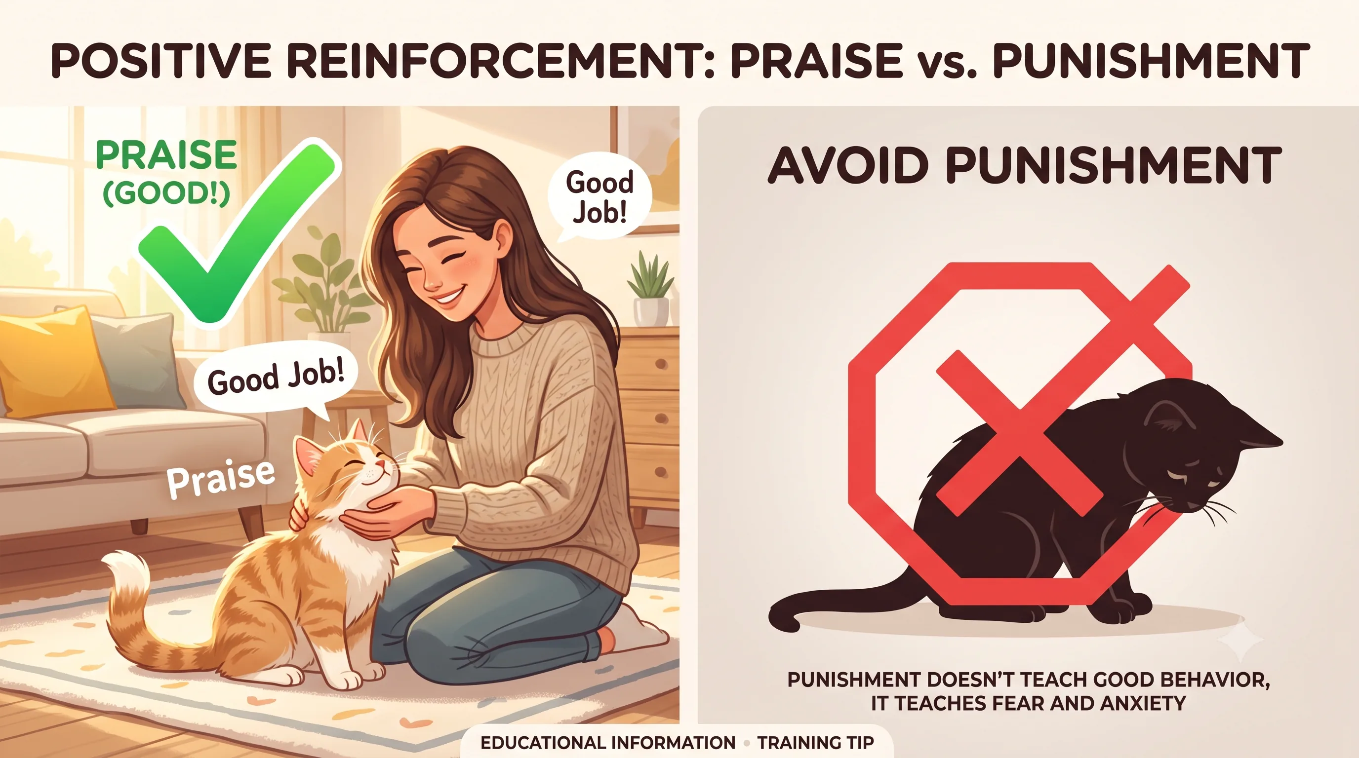 Illustration showing positive reinforcement instead of punishment during litter training.