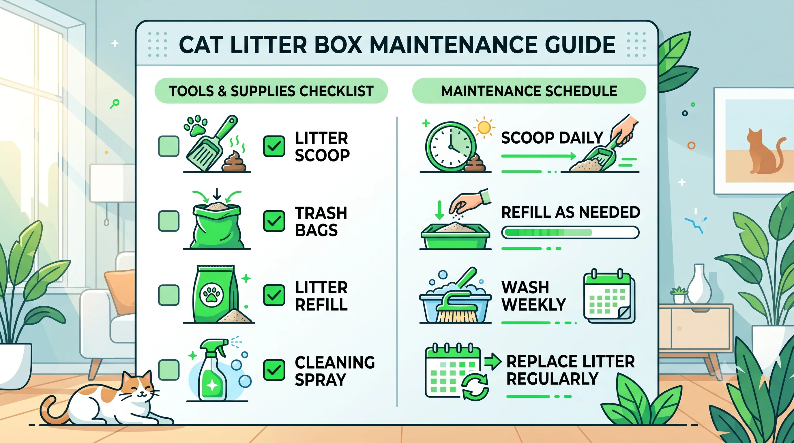 Daily litter box cleaning checklist for healthy kitten habits.