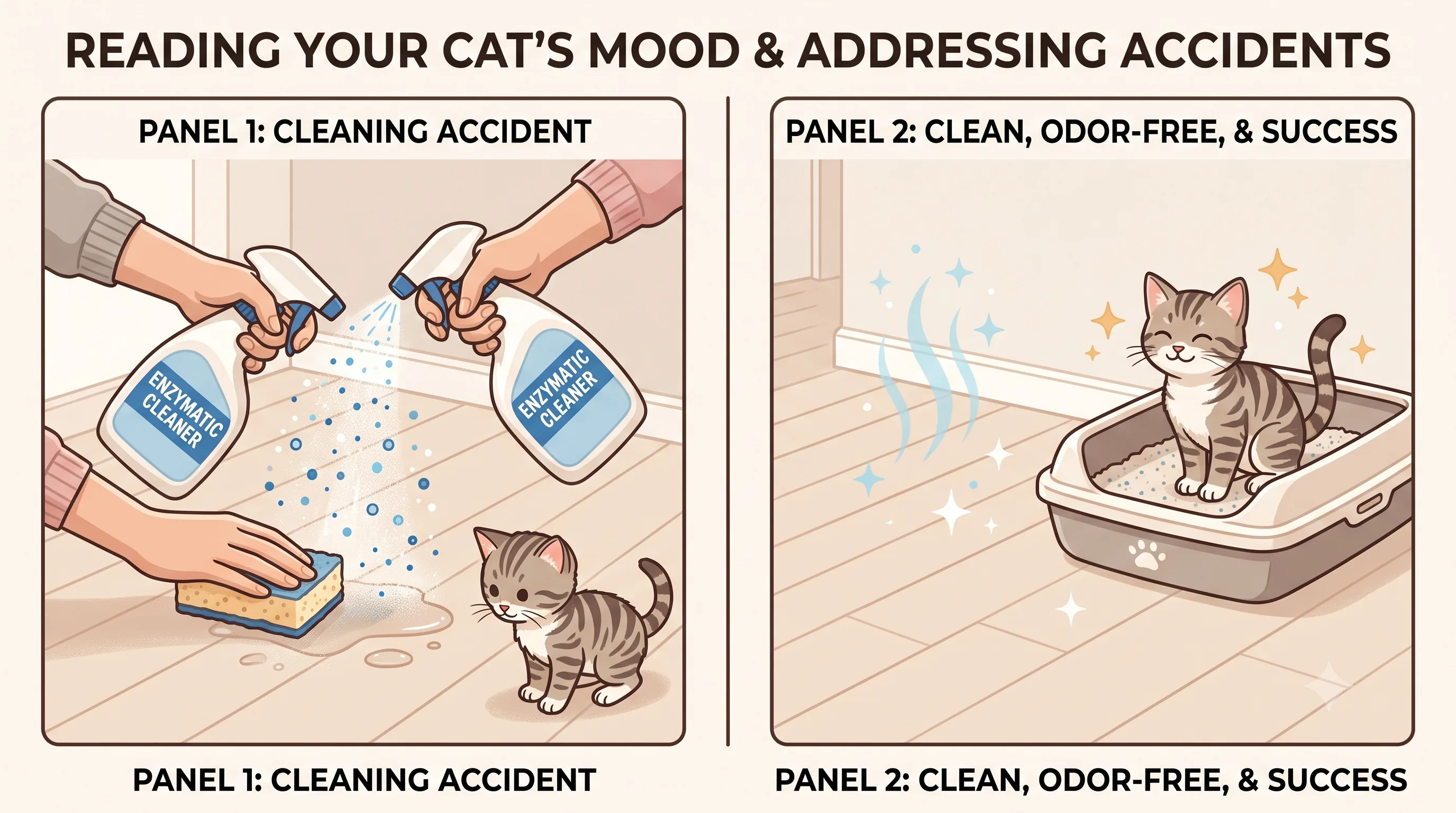 Cleaning kitten accidents with enzymatic cleaner to prevent repeat marking.