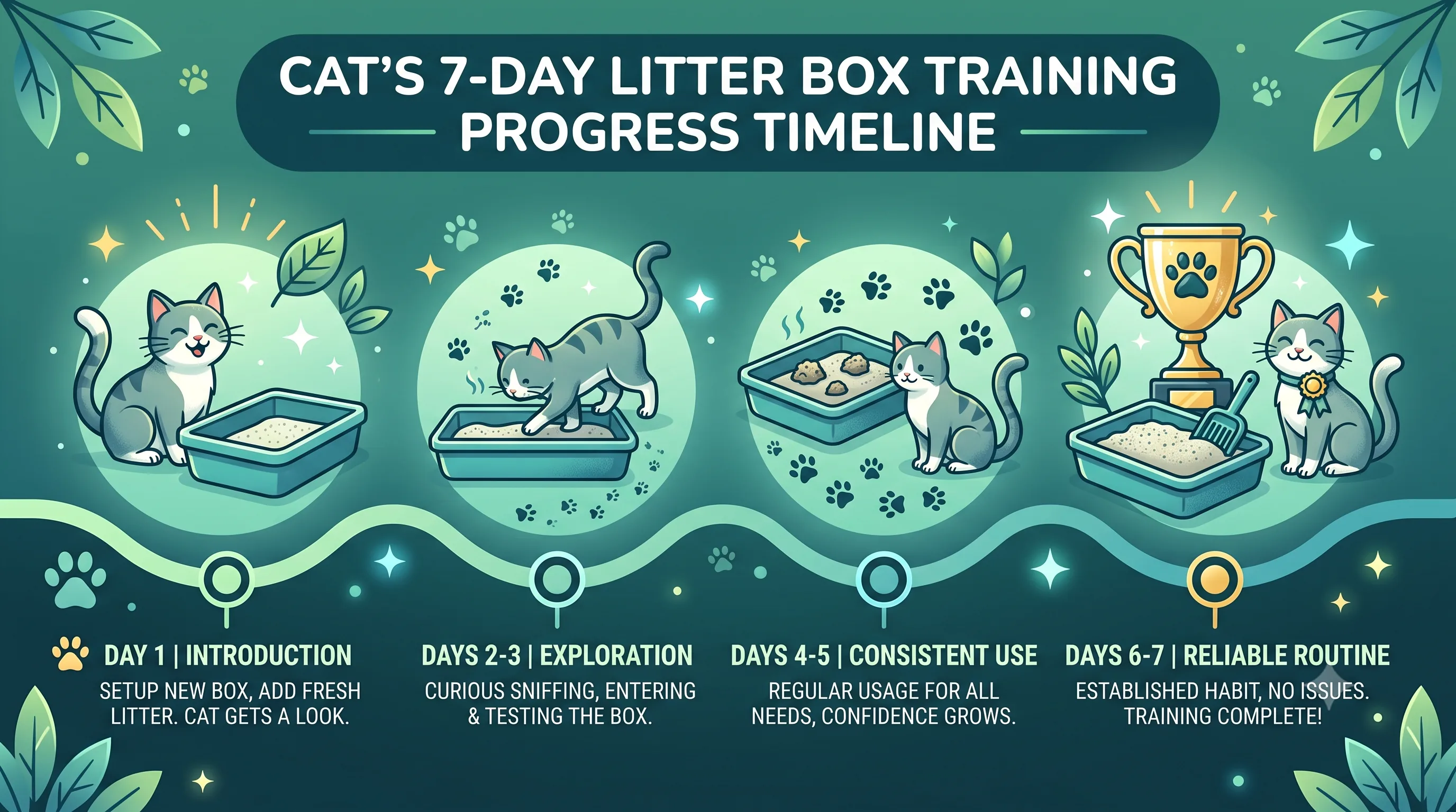 Seven-day kitten litter training timeline showing typical progress.