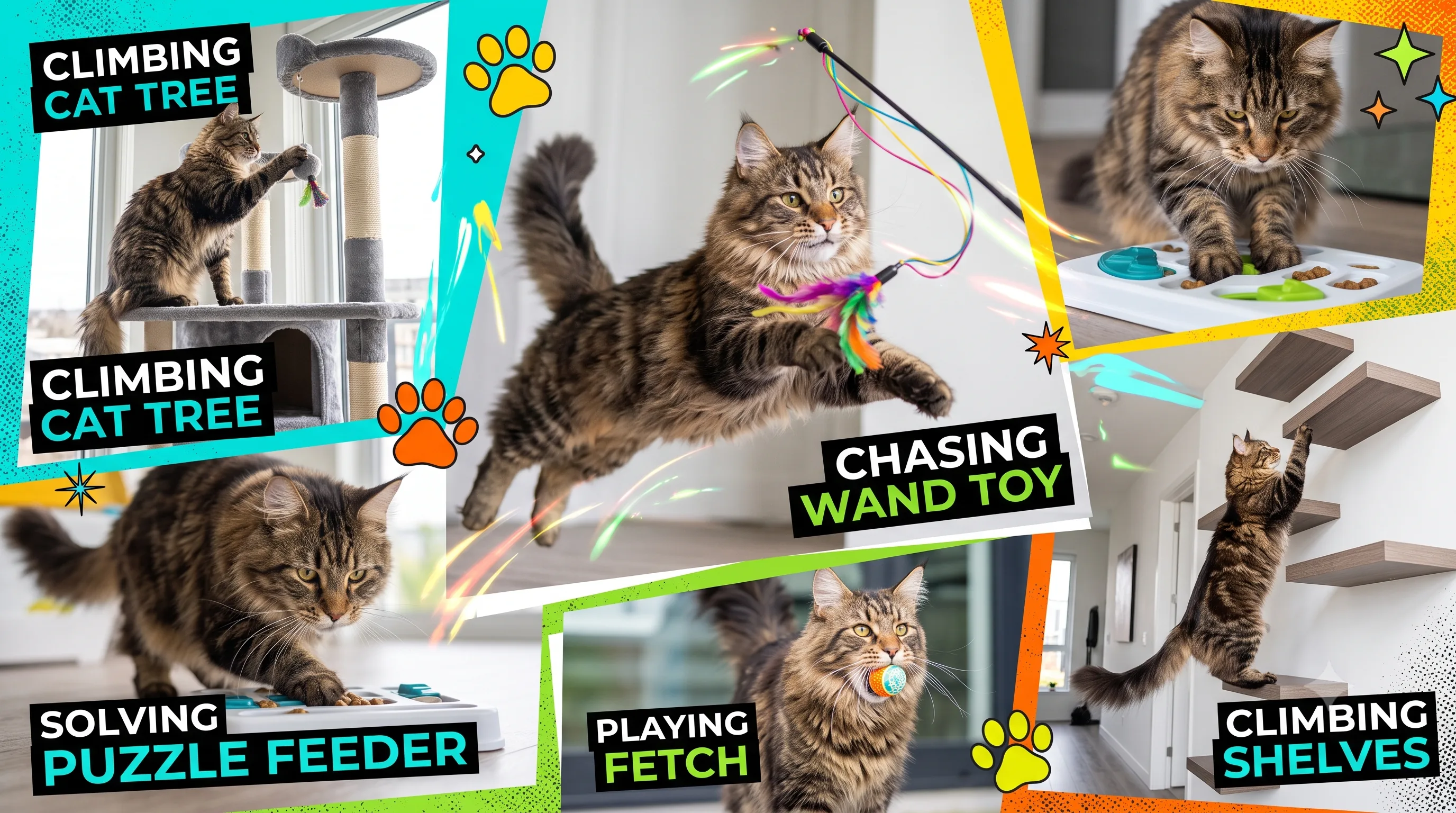 Maine Coon cat playing with children and relaxing with a family dog