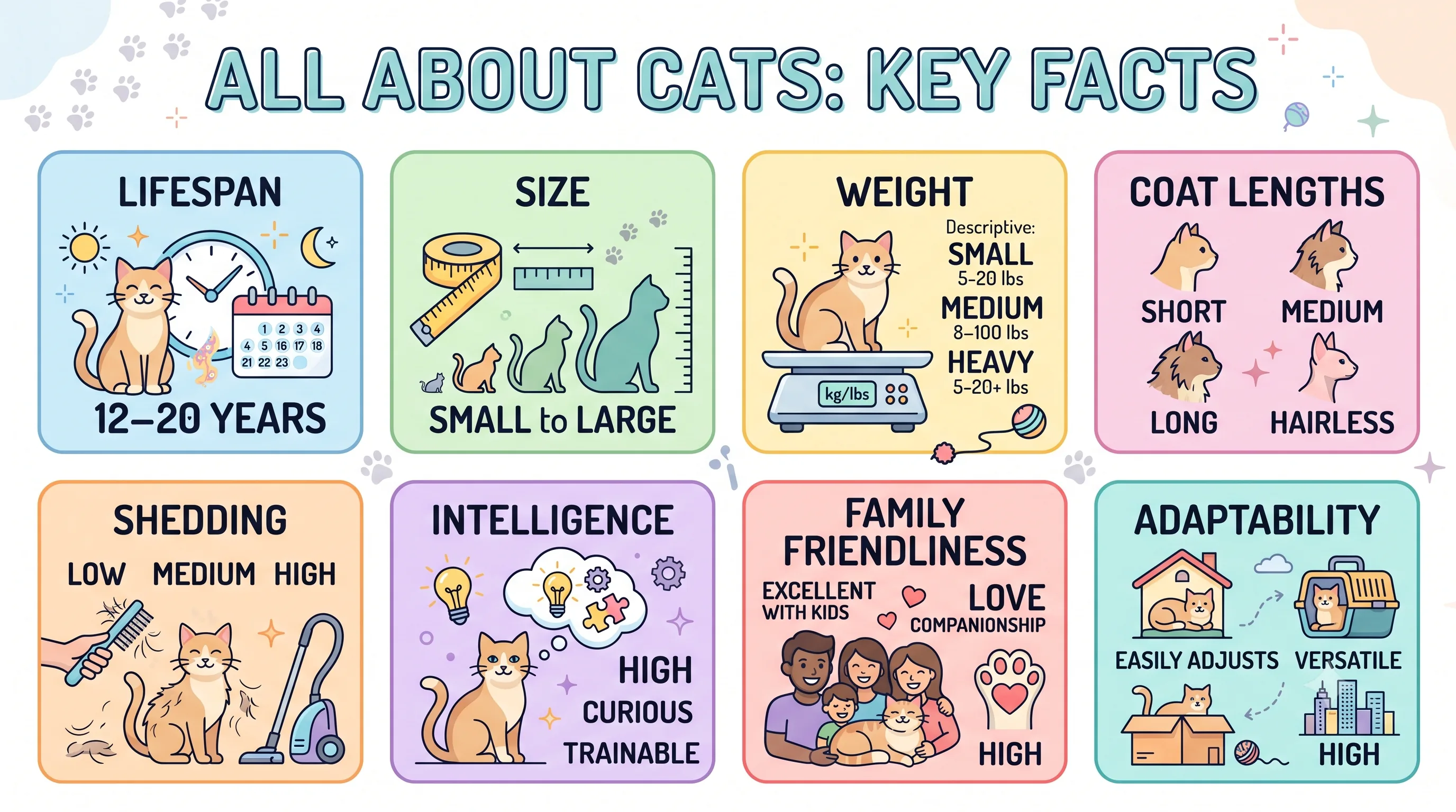 Infographic showing mixed-breed cat characteristics including lifespan, size, and grooming needs