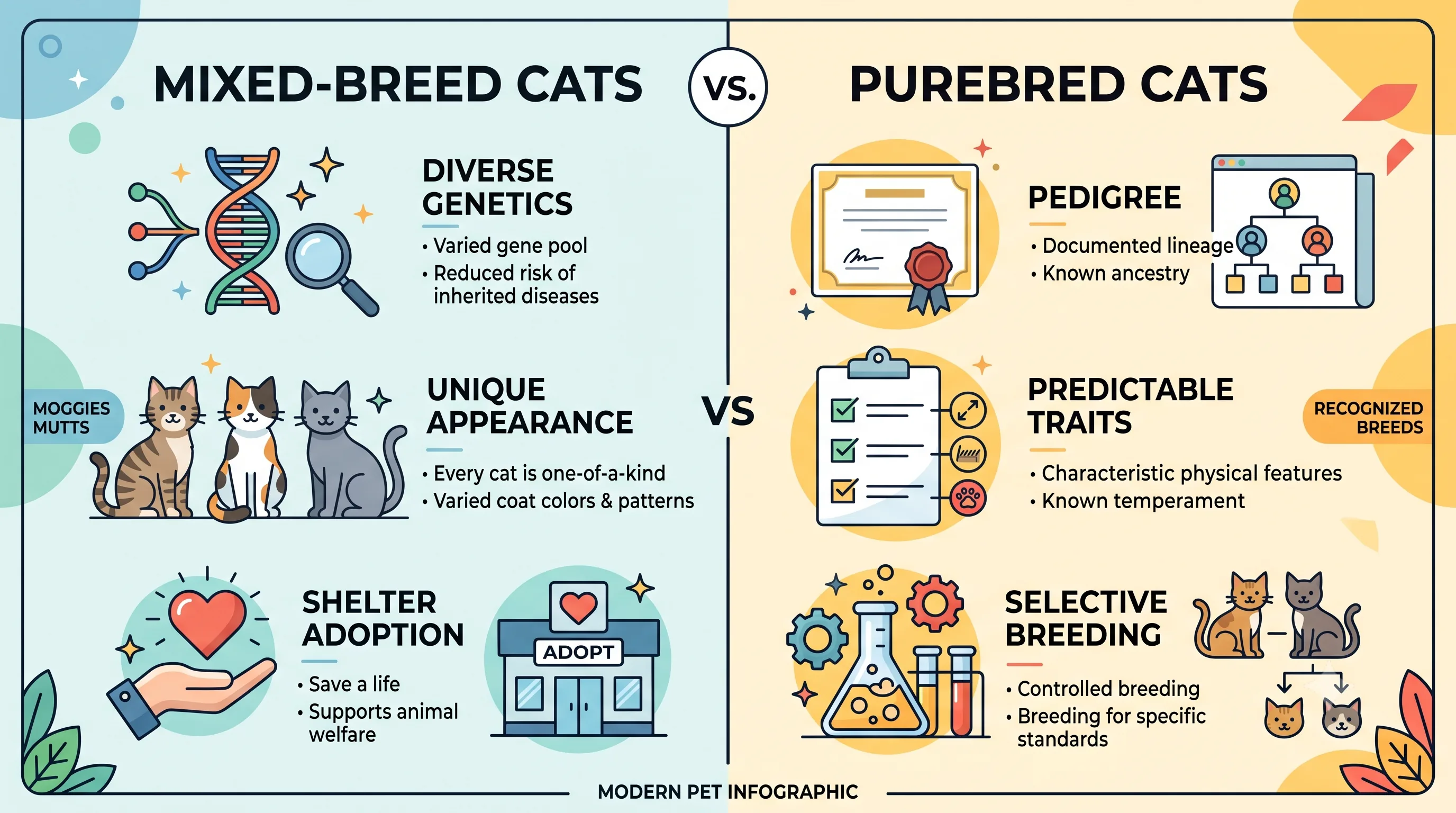 Comparison between mixed-breed cats and purebred cats showing genetics and characteristics