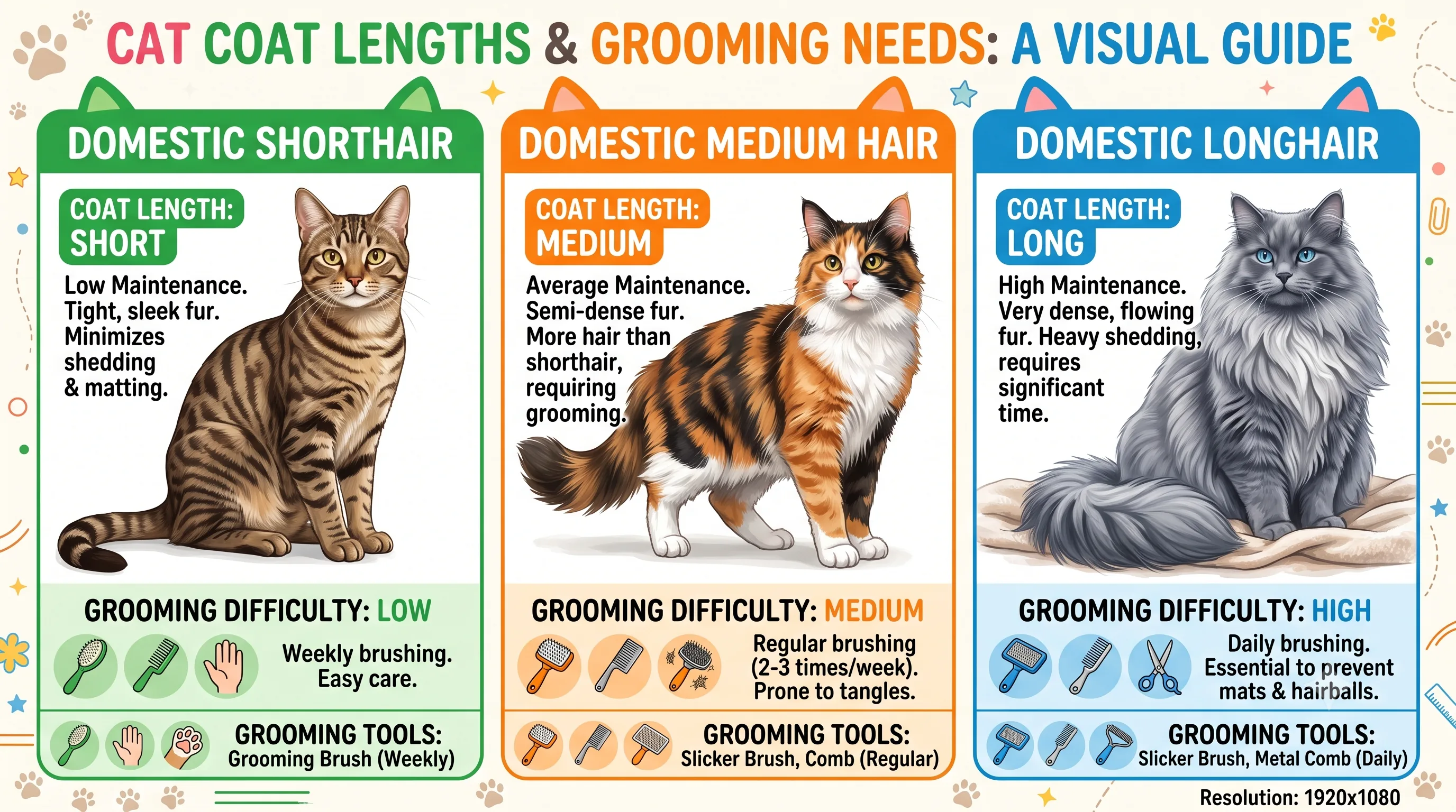 Domestic Shorthair, Medium Hair, and Longhair mixed-breed cat coat comparison