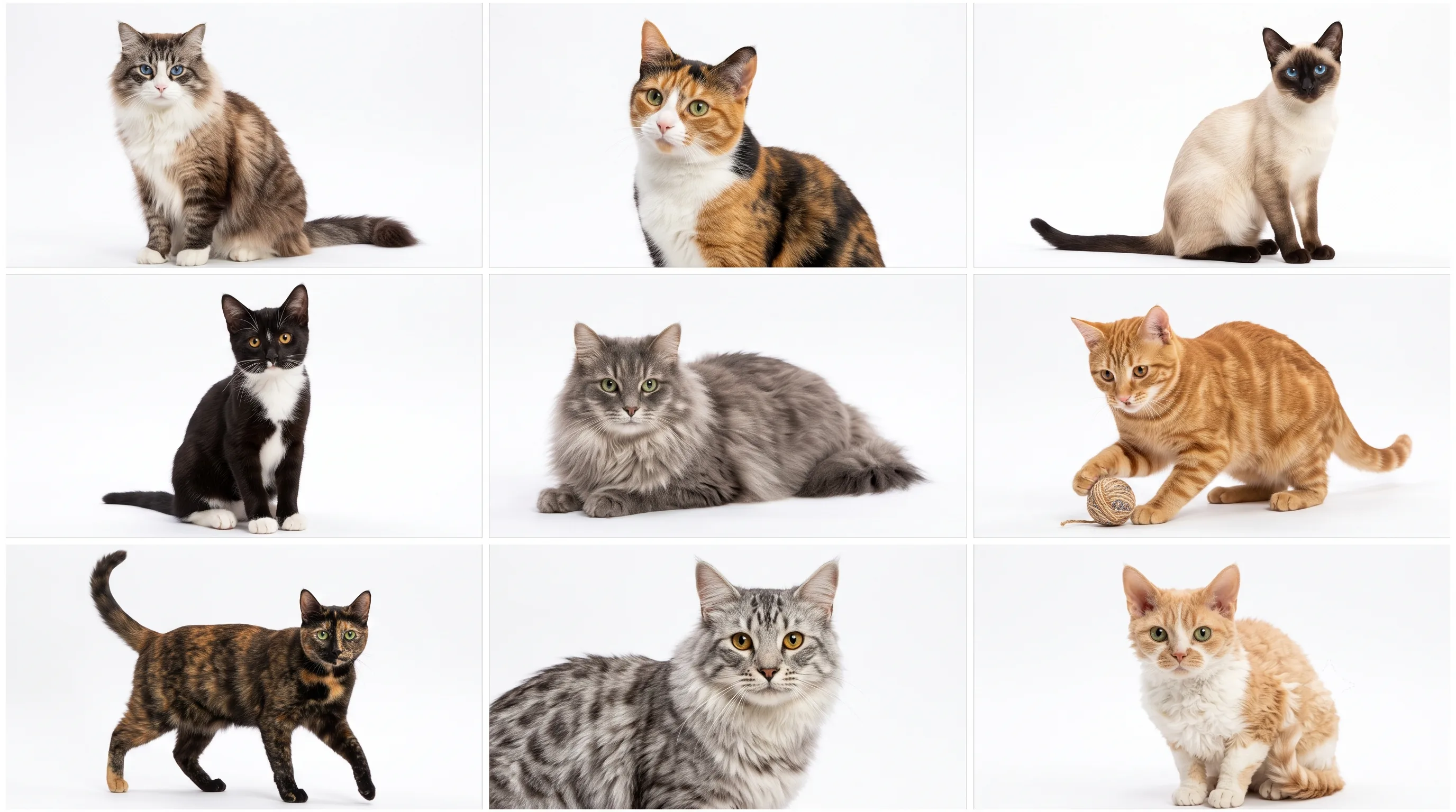 Different mixed-breed cats showing diverse coat colors, eye colors, and body types