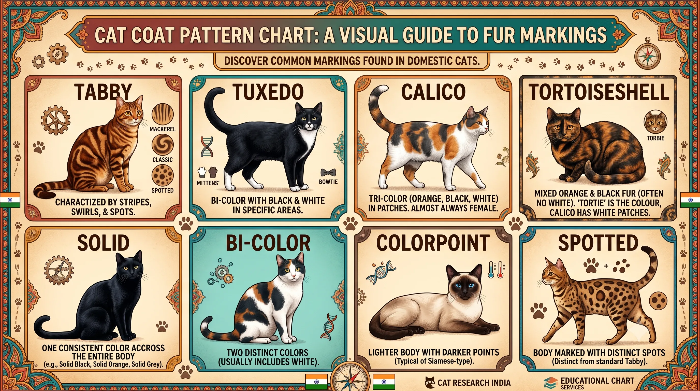 Common coat patterns found in mixed-breed cats including tabby, calico, and tuxedo