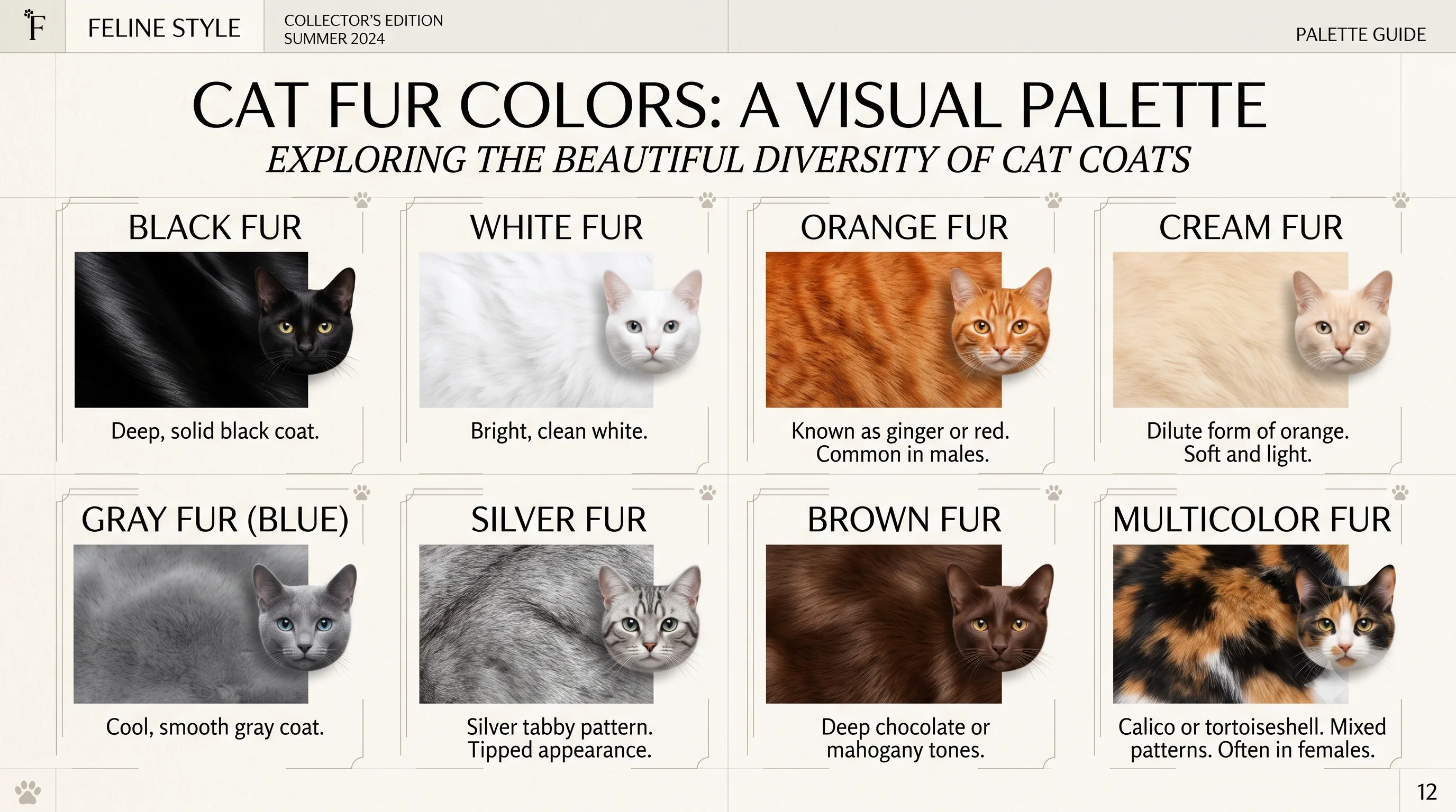 Mixed-breed cat coat colors including black, orange, gray, white, and calico