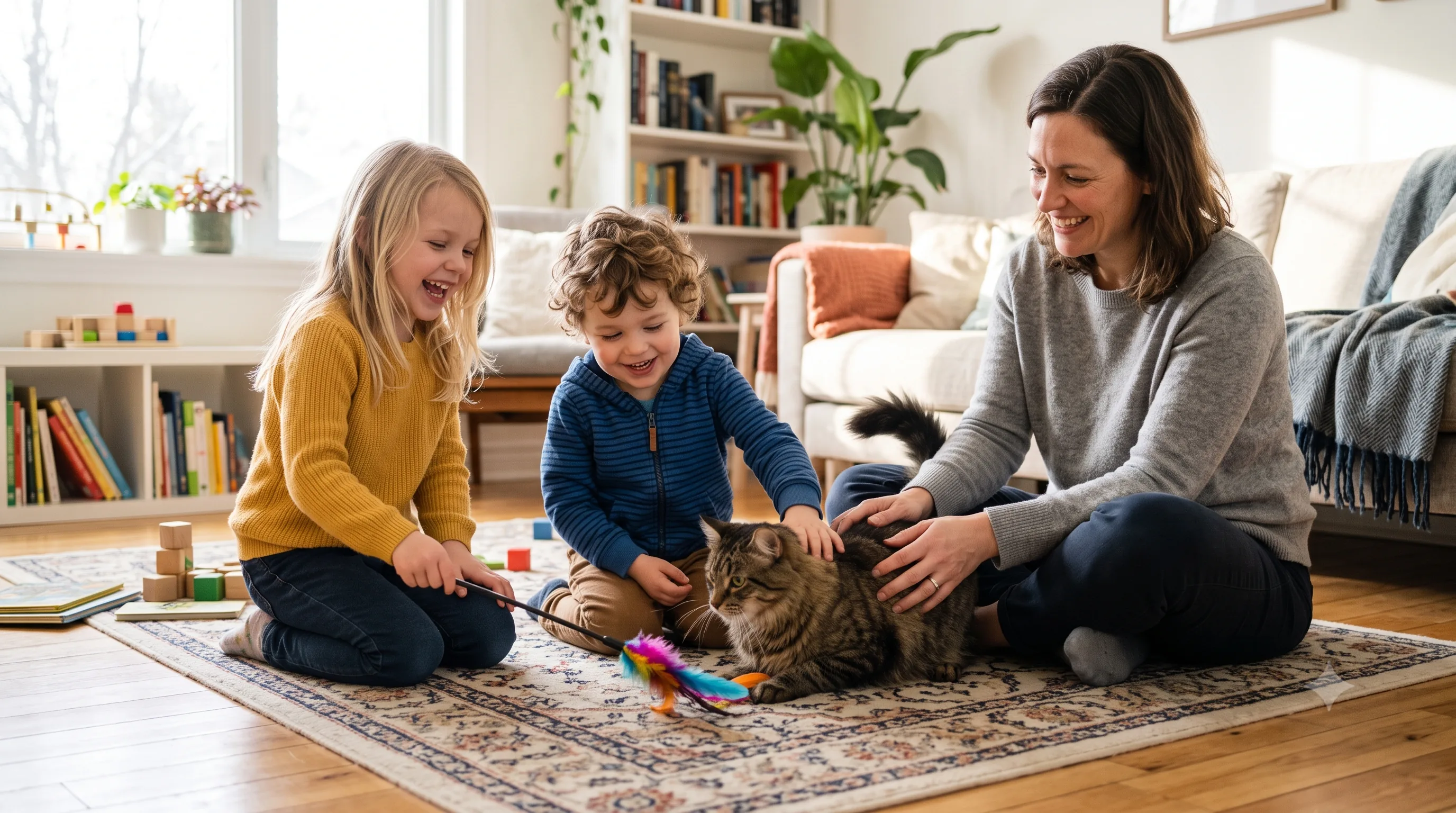 Family enjoying time with a friendly mixed-breed pet cat