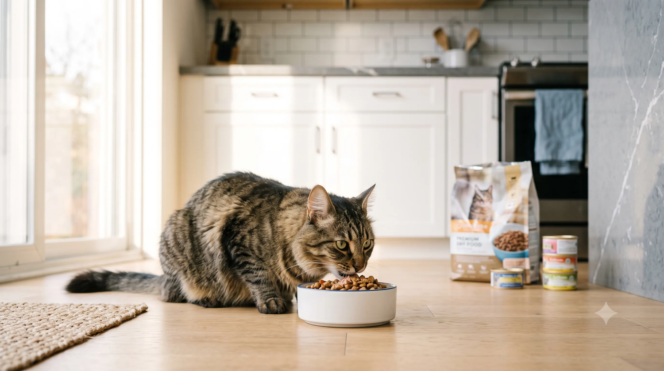 Healthy cat eating premium cat food from a ceramic bowl
