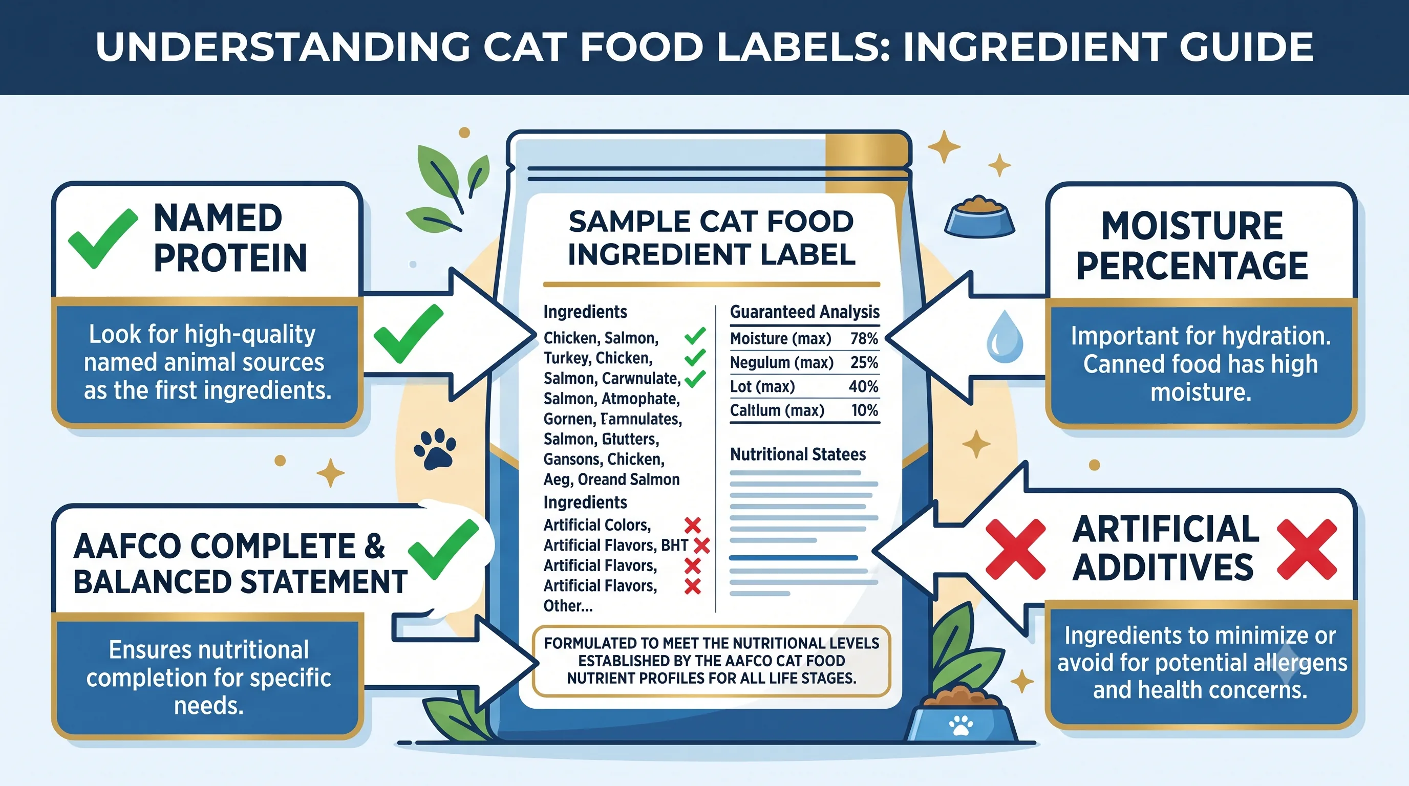 Cat food buying guide infographic highlighting key nutrition factors