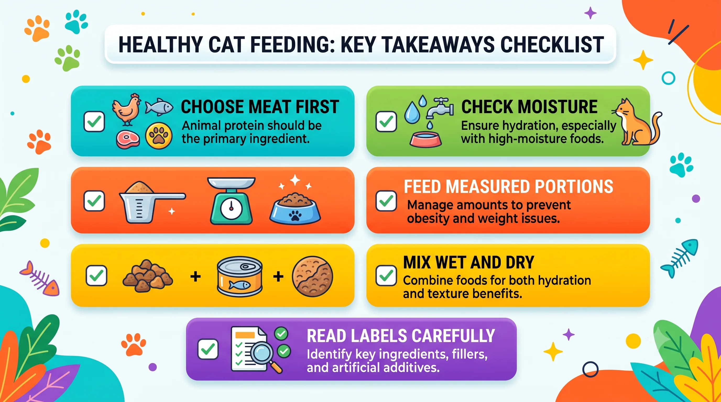 Cat food buying checklist summarizing healthy feeding tips