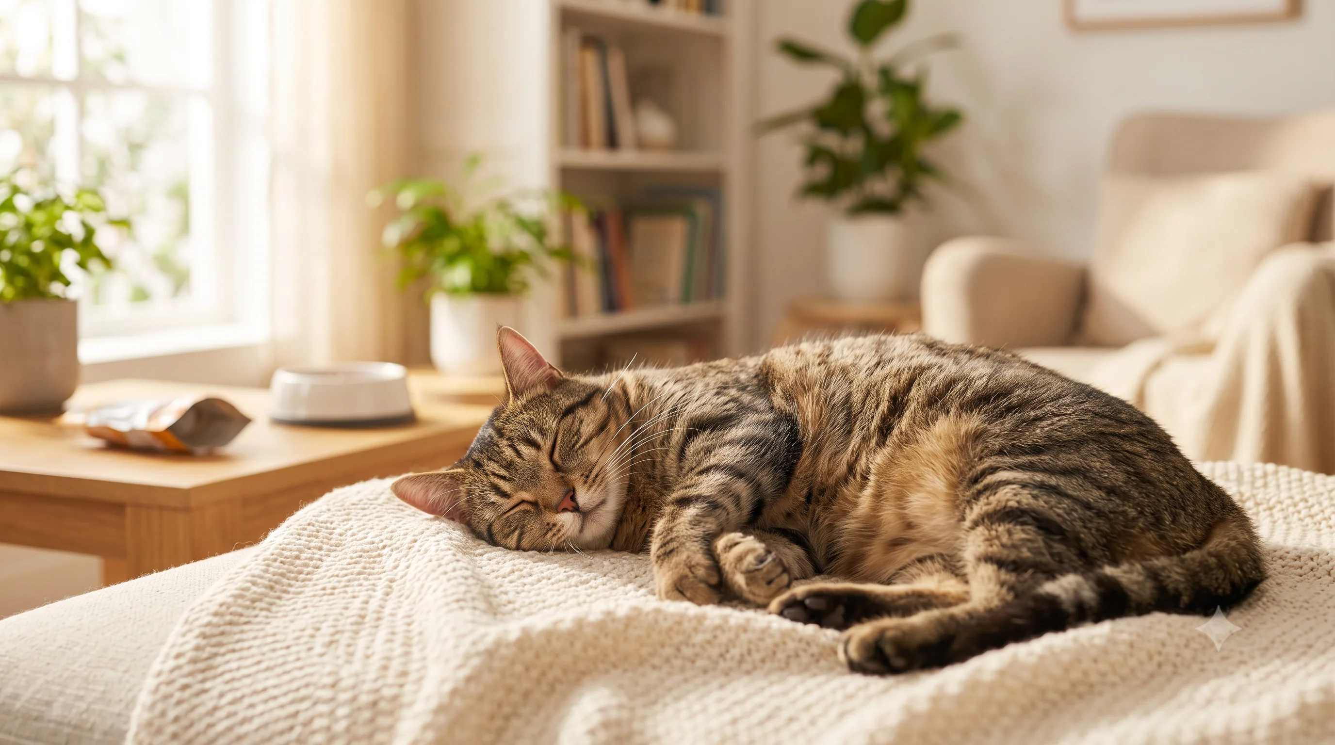 Happy healthy cat resting after eating nutritious food
