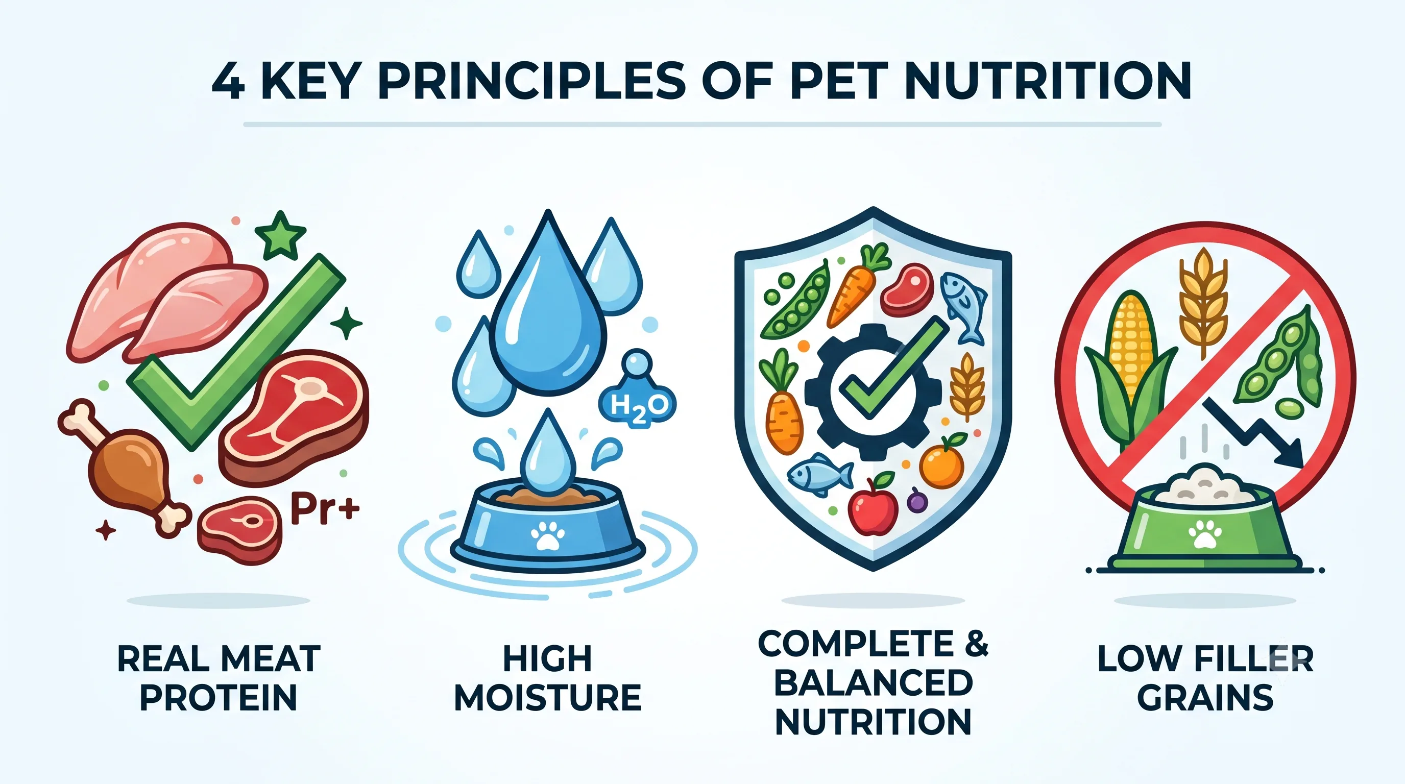 Important cat food qualities with protein, moisture, nutrition, and fillers icons