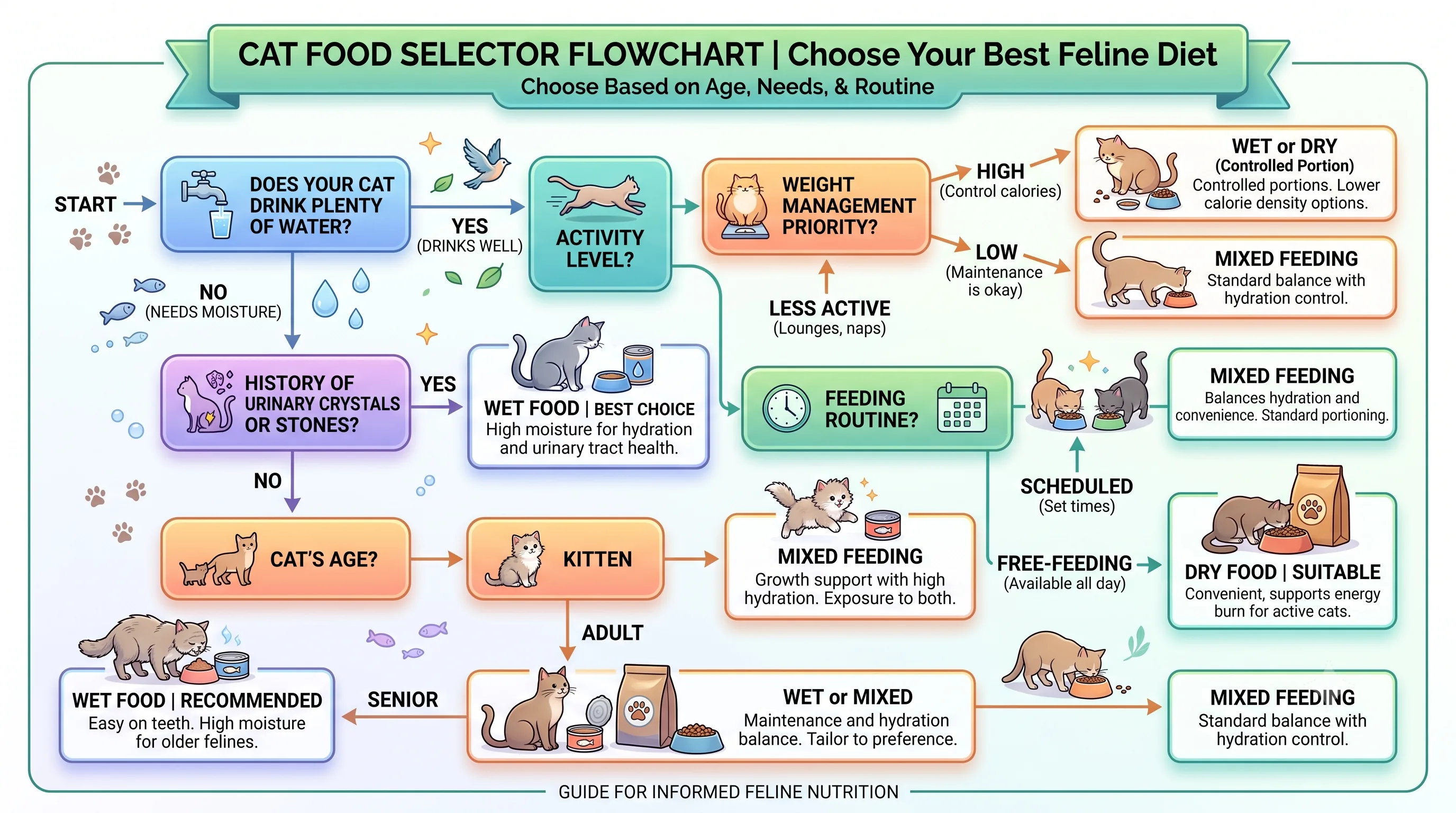 Cat food decision tree for choosing wet, dry, or mixed feeding