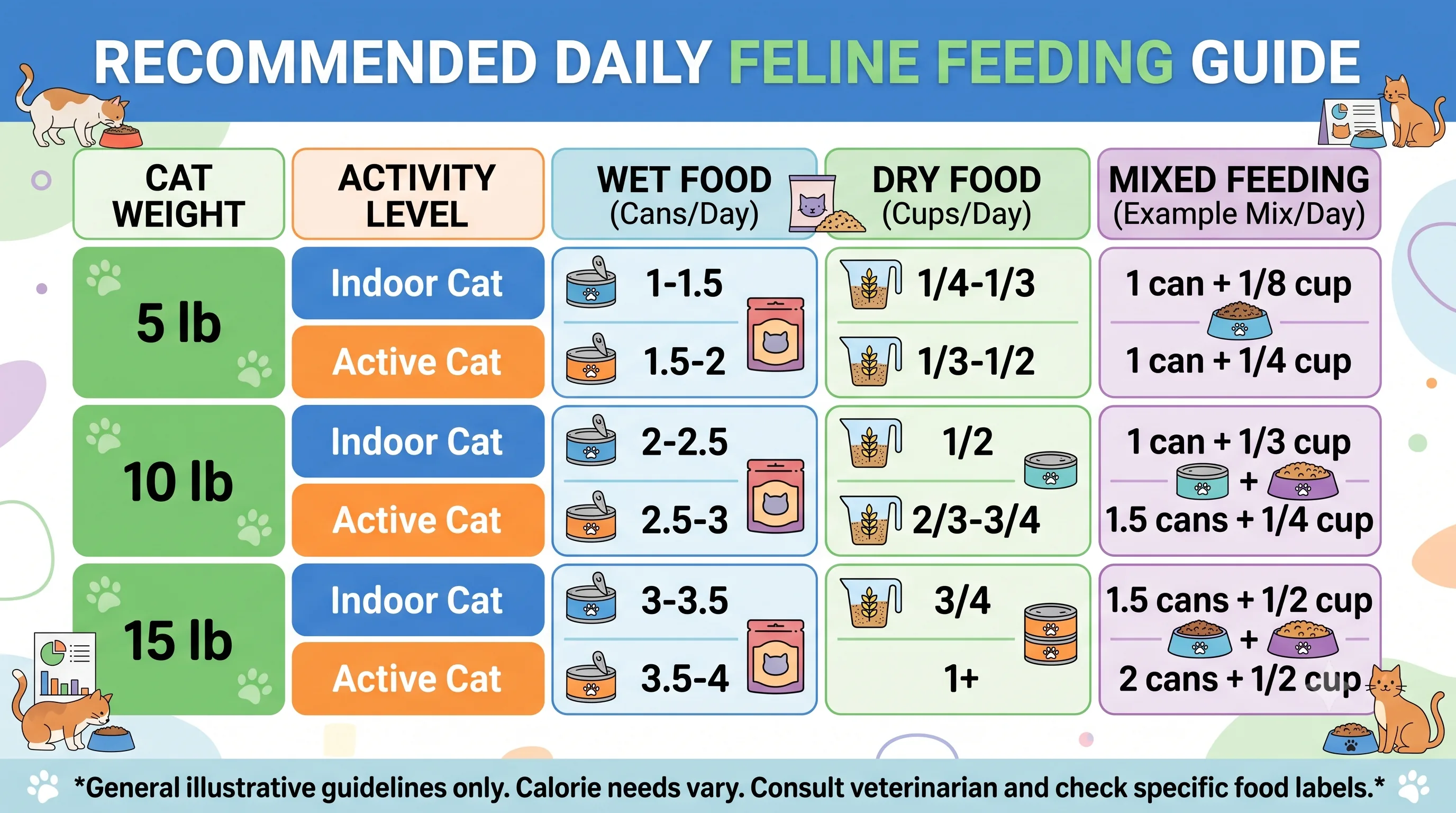 Daily cat feeding guide based on weight and activity level