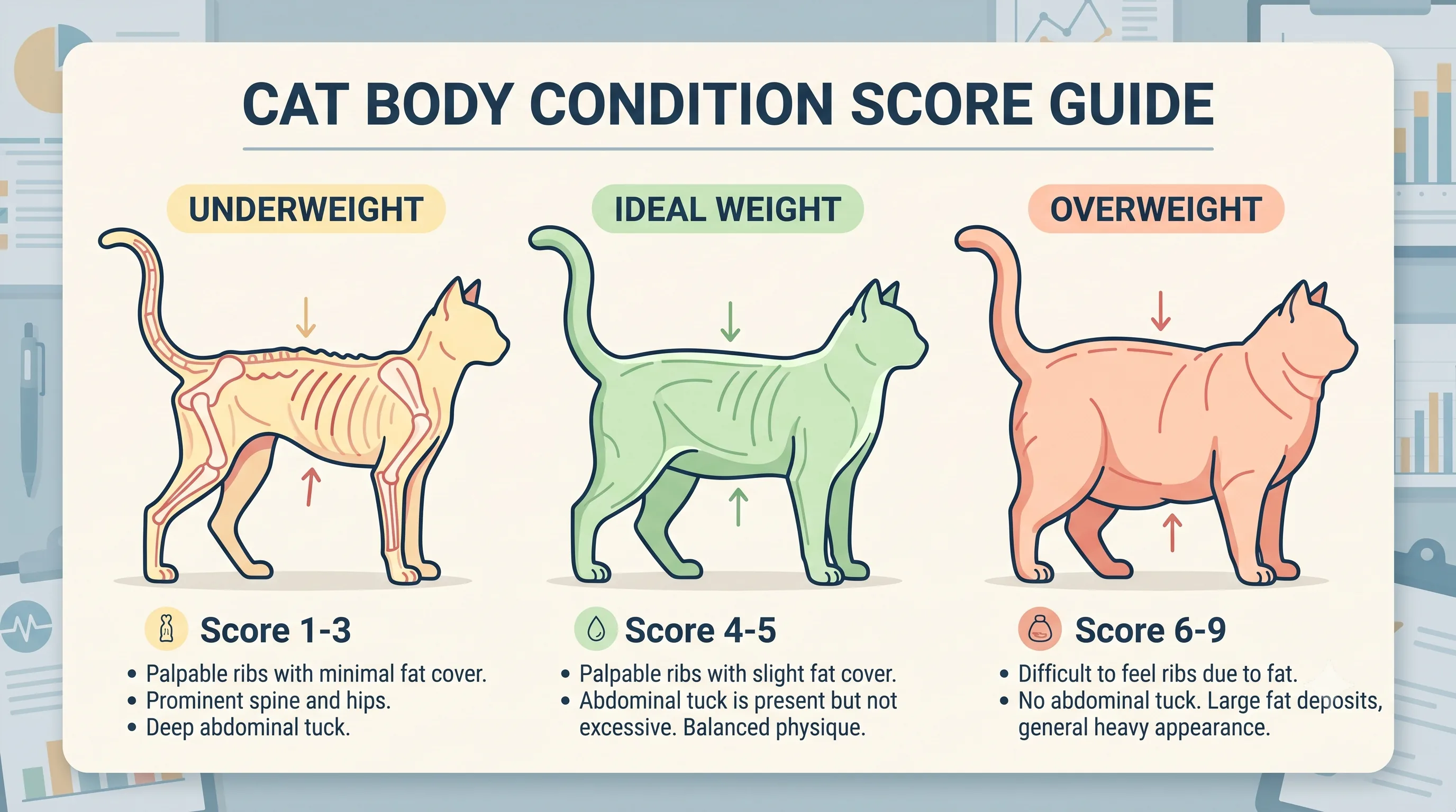 Cat body condition score chart showing healthy weight examples